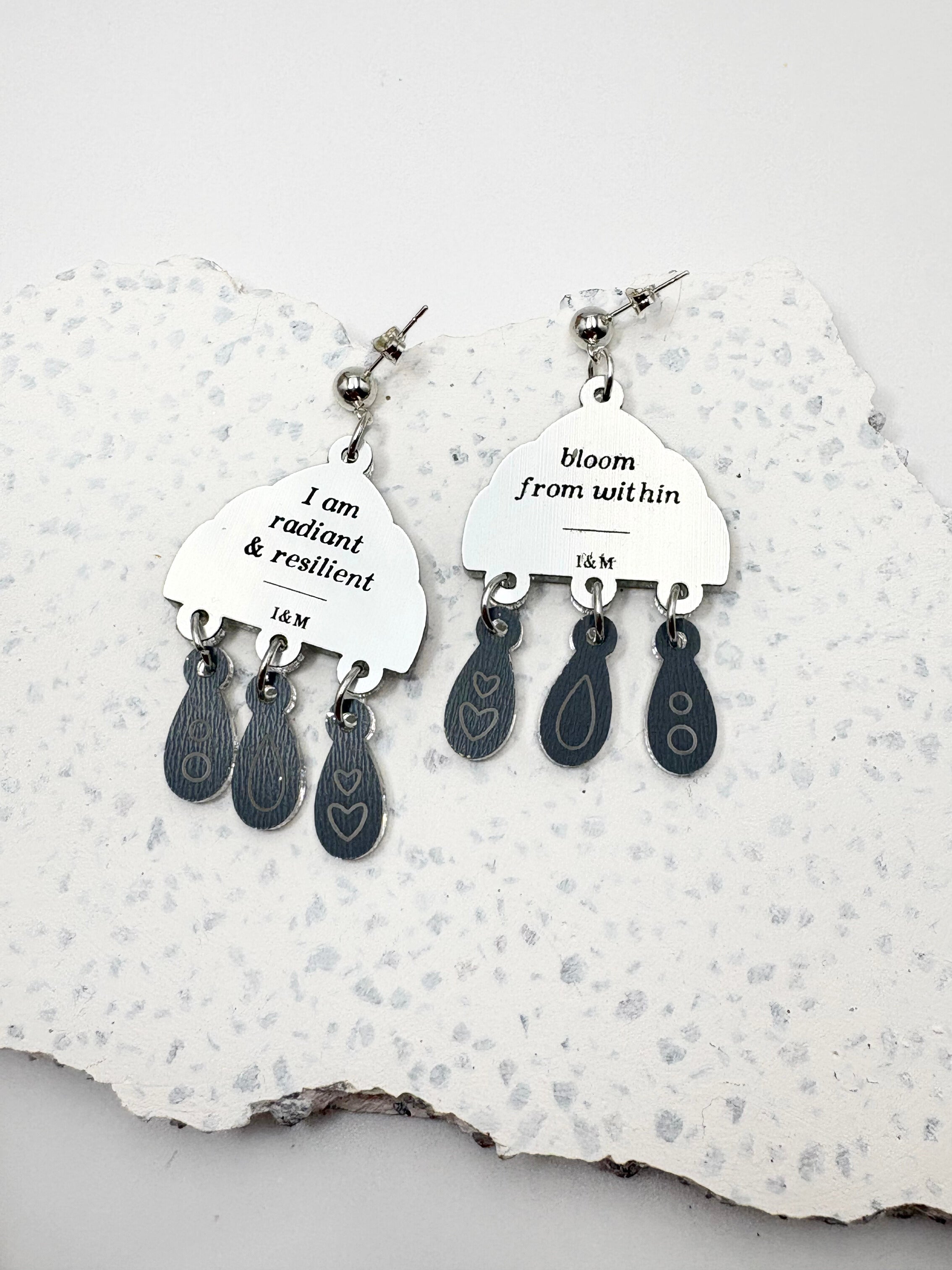 Bloom From Within Affirmation Dangles - Silver Acrylic Earrings | Isla & Marigold