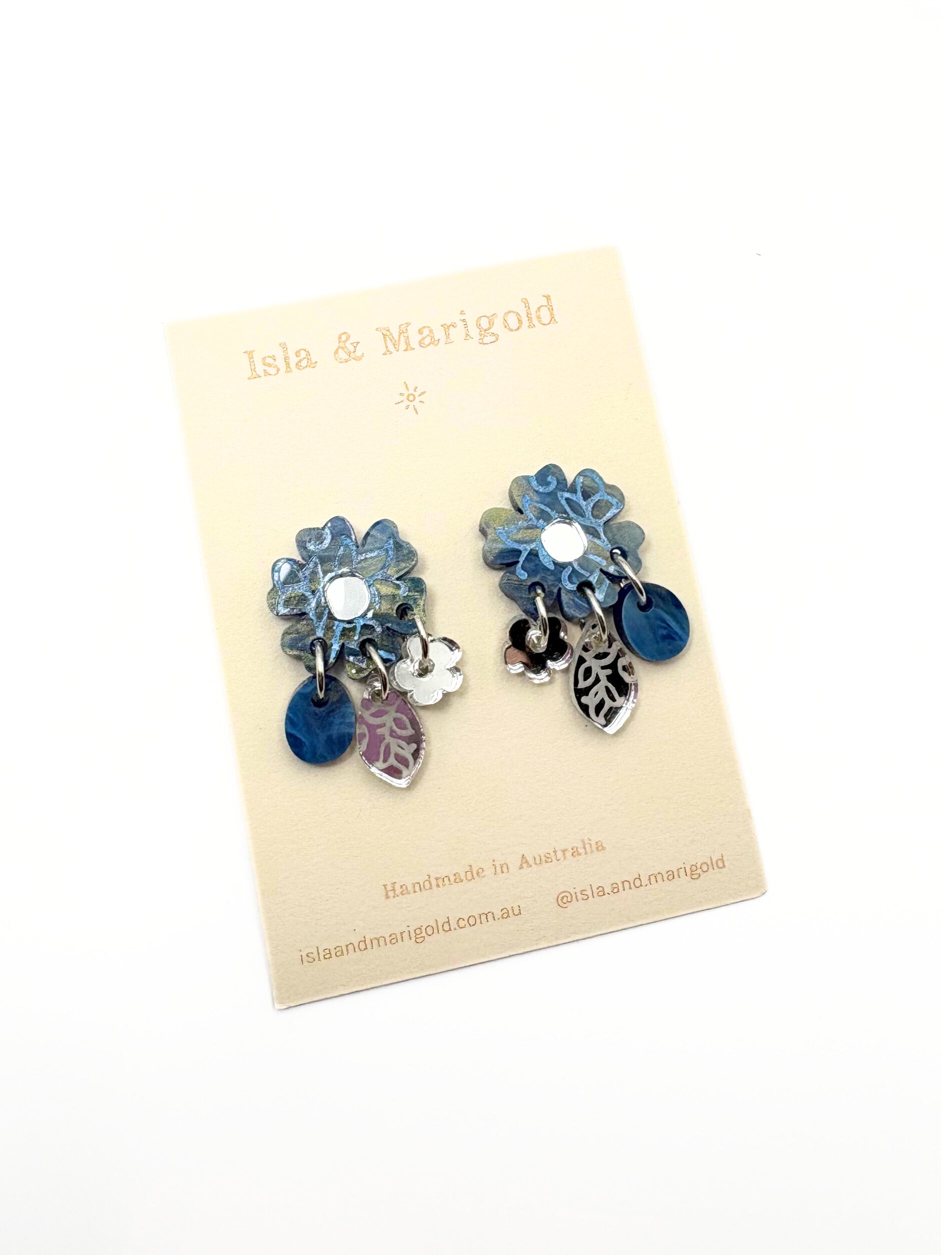 Moonflower Charm Dangles - Navy Shimmer and Silver Acrylic Earrings | Isla & Marigold