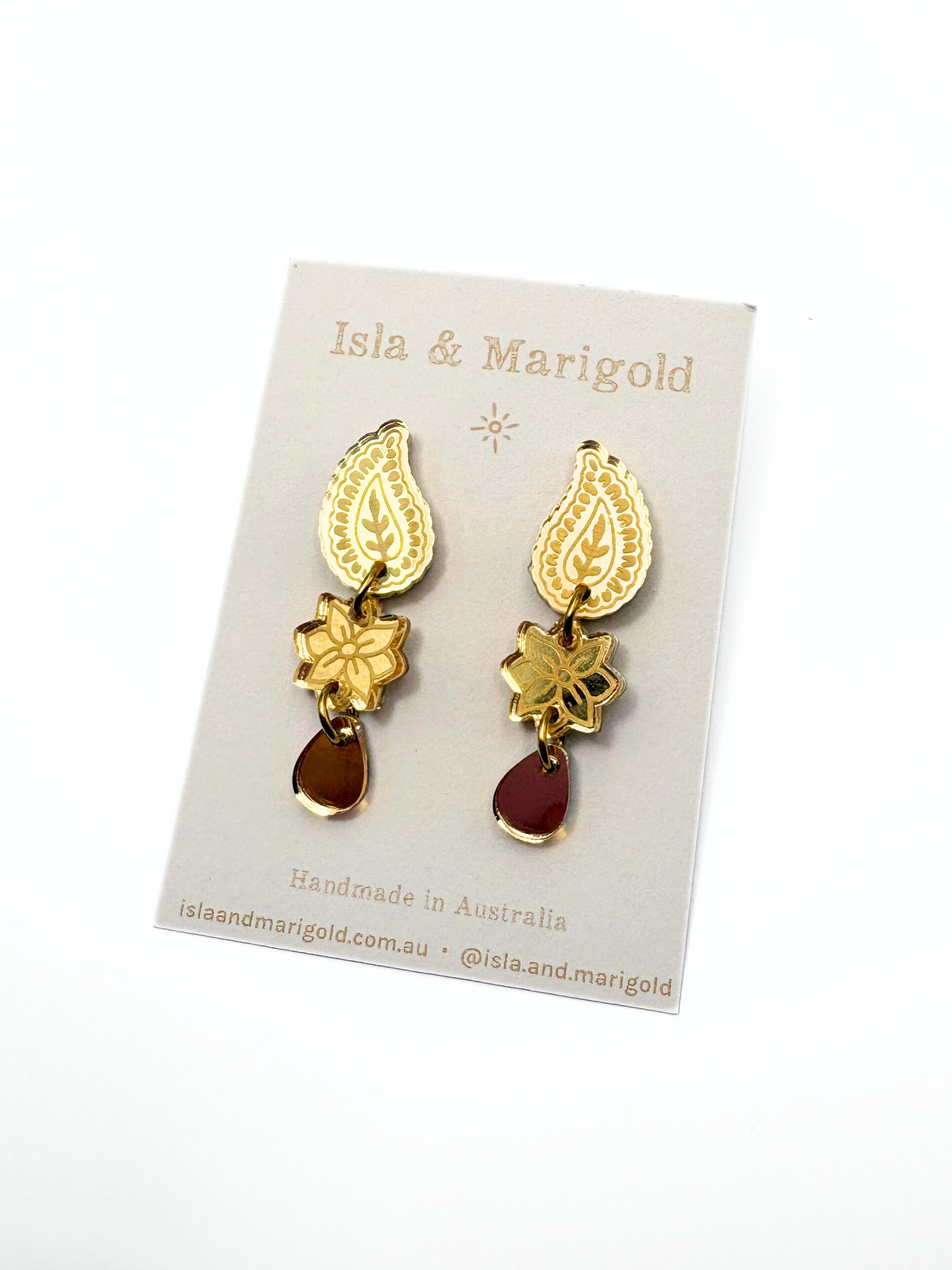 Marigold Paisley Drops - Gold Mirror Acrylic Earrings | Isla & Marigold
