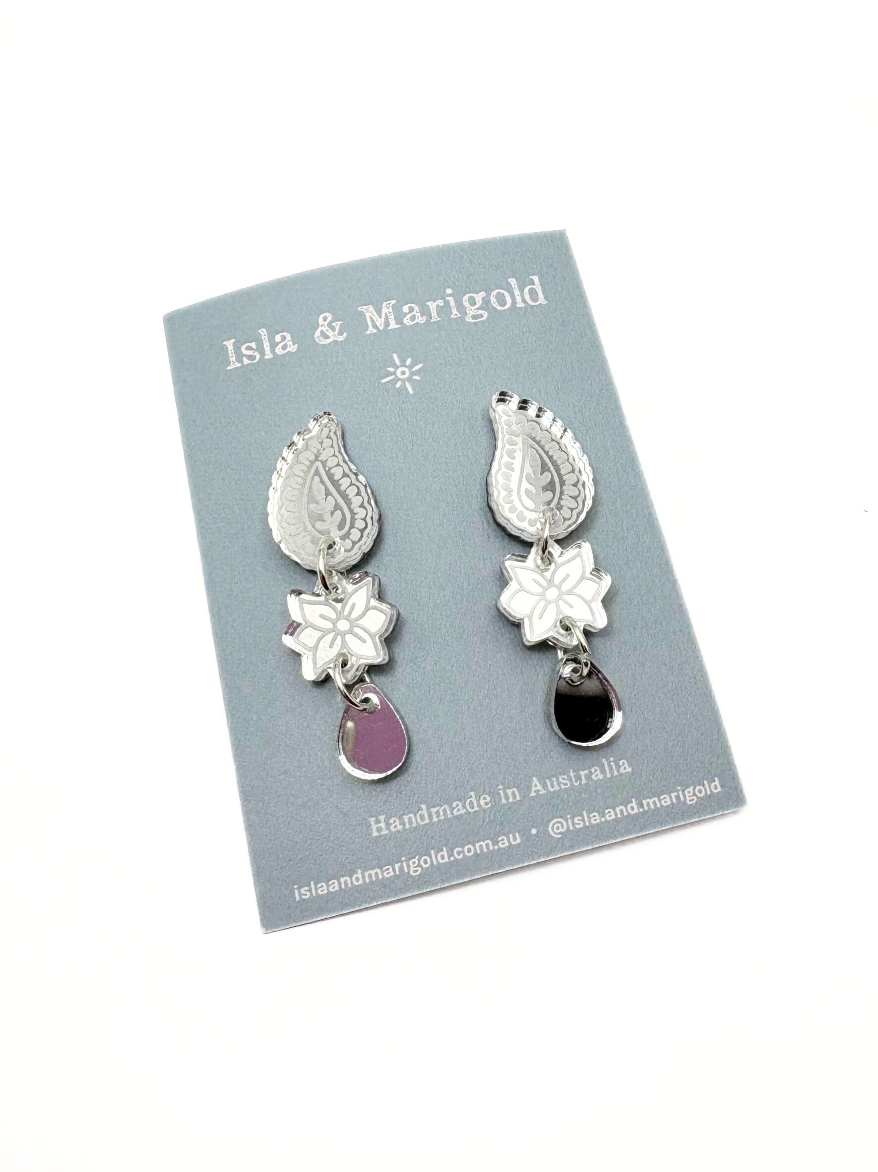 Marigold Paisley Drops - Silver Mirror Acrylic Earrings | Isla & Marigold