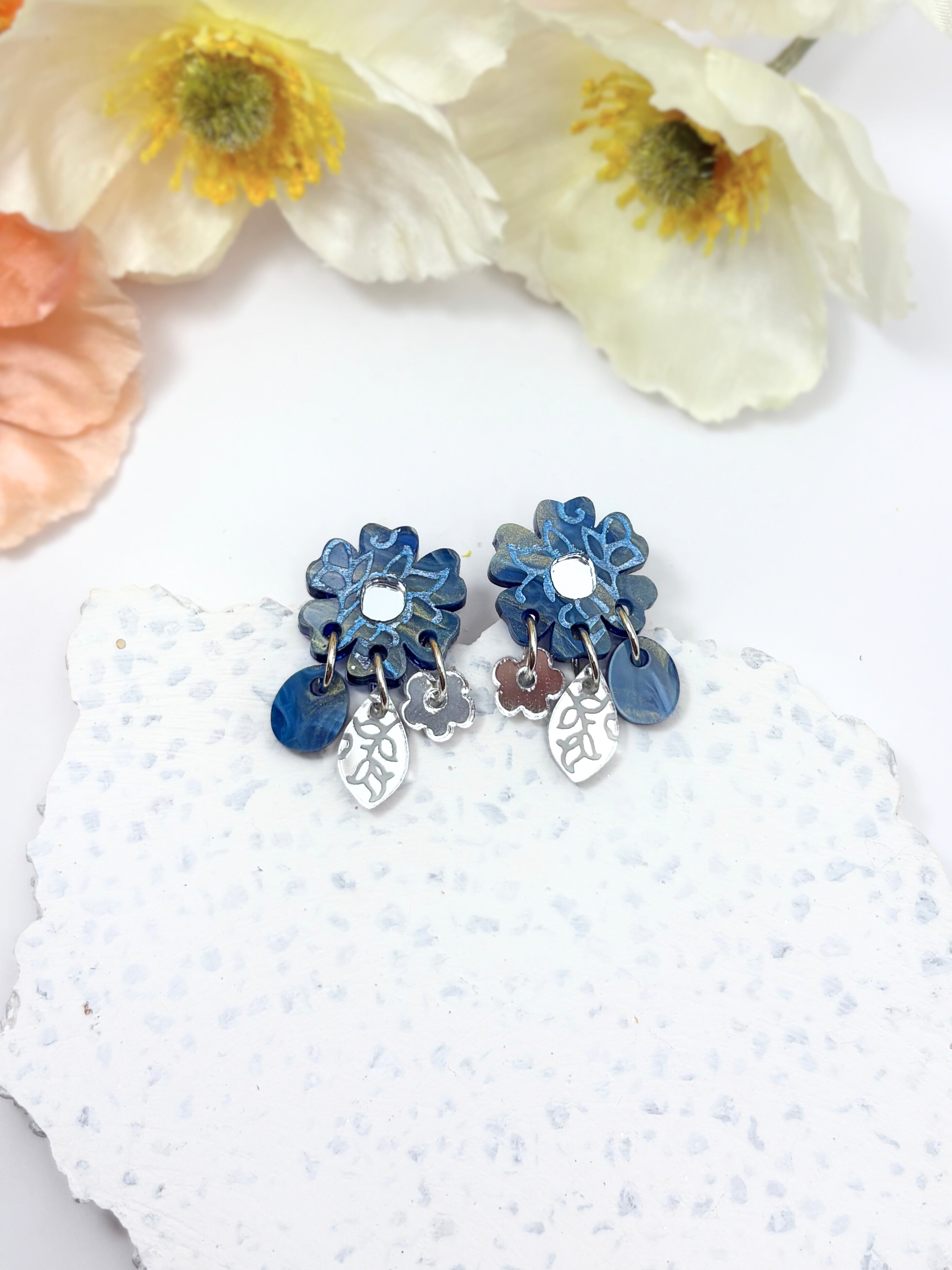 Moonflower Charm Dangles - Navy Shimmer and Silver Acrylic Earrings | Isla & Marigold