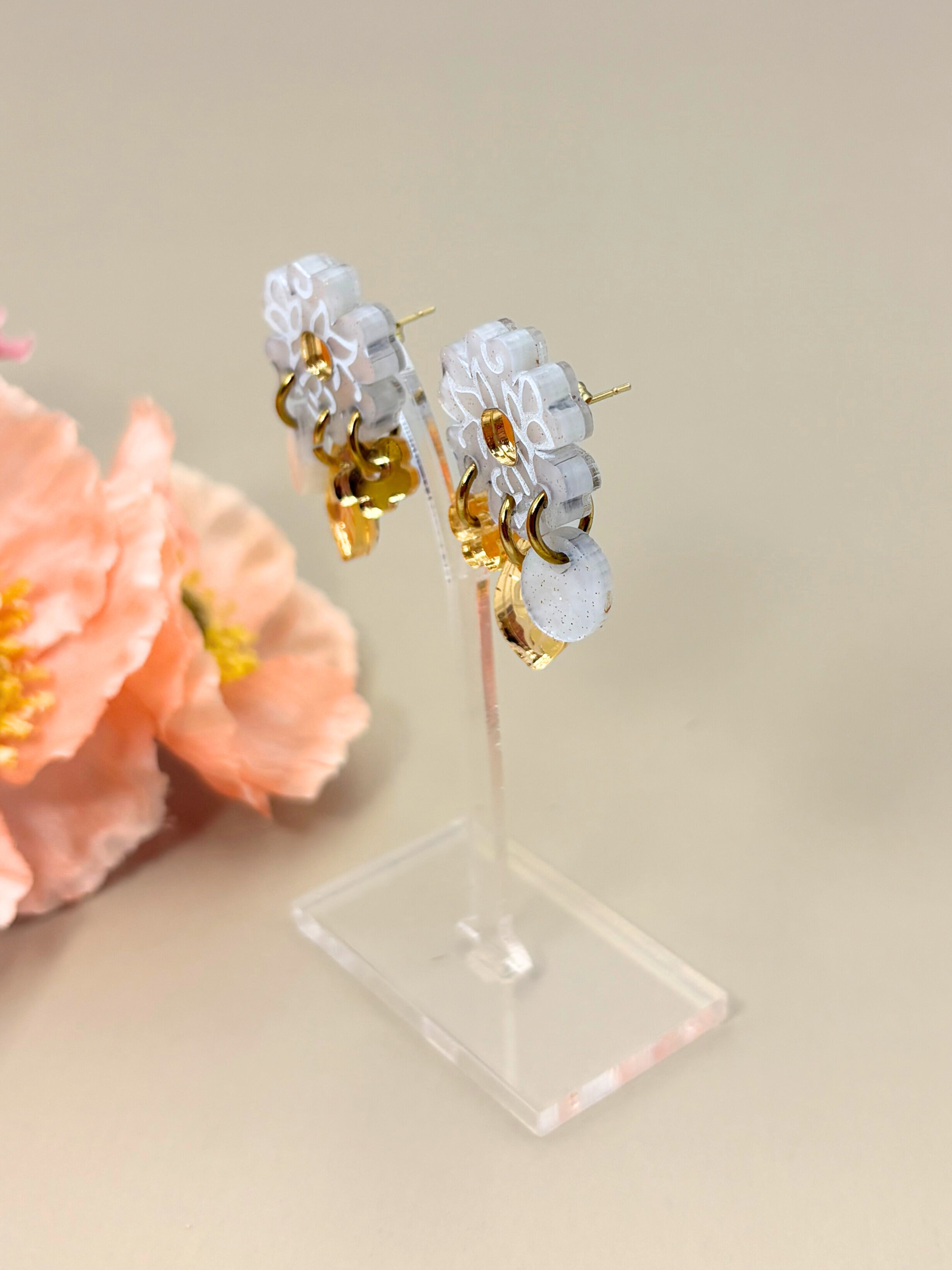Moonflower Charm Dangles - Ivory and Gold Acrylic Earrings | Isla & Marigold