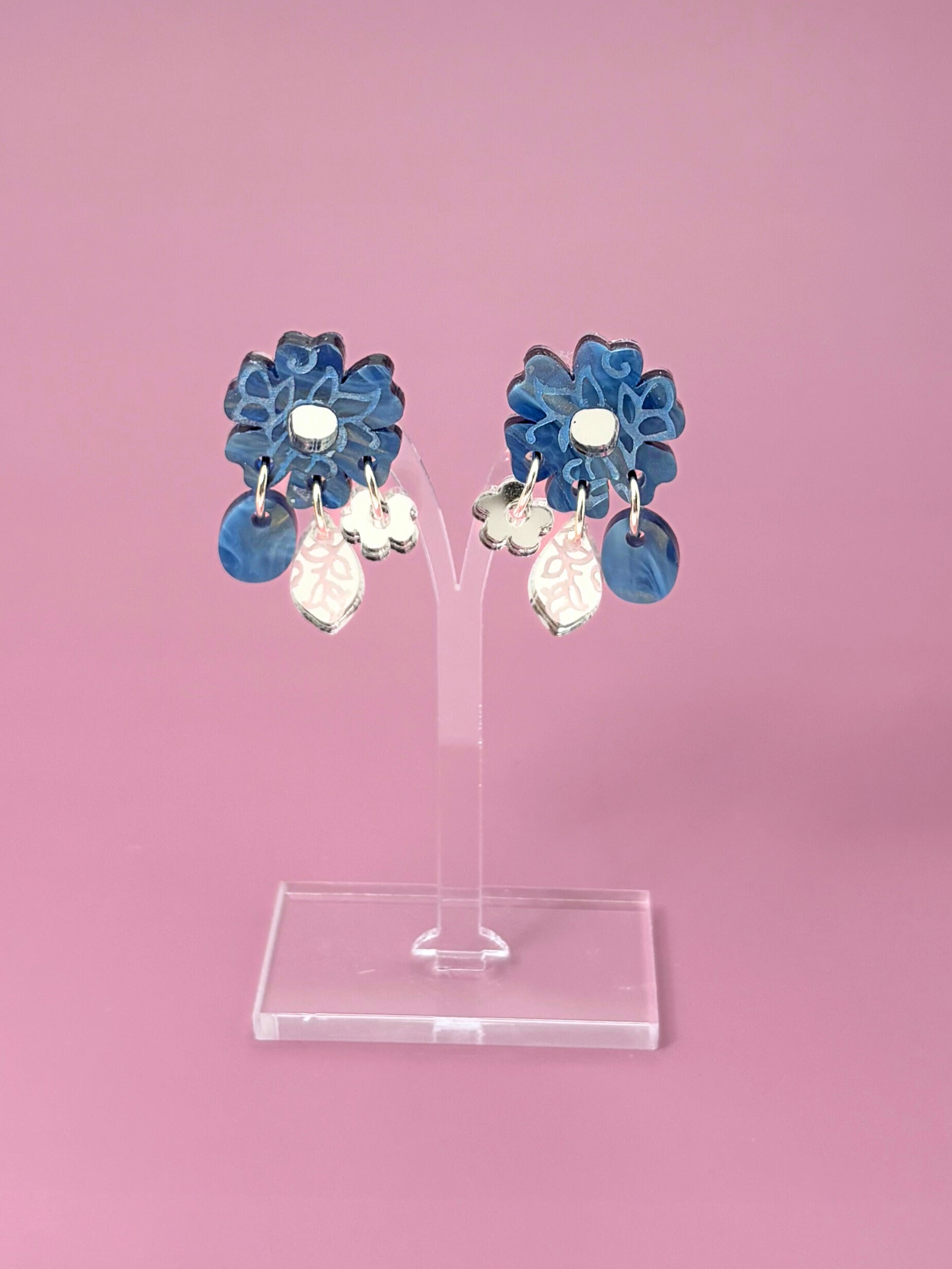 Moonflower Charm Dangles - Navy Shimmer and Silver Acrylic Earrings | Isla & Marigold