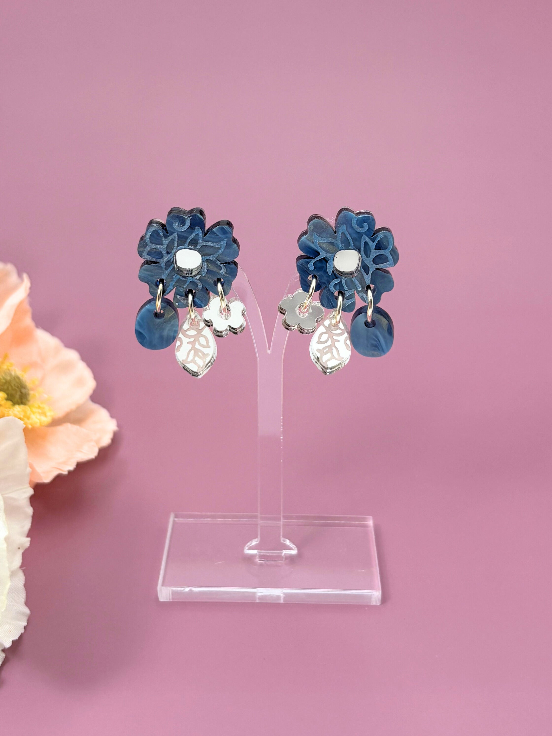 Moonflower Charm Dangles - Navy Shimmer and Silver Acrylic Earrings | Isla & Marigold