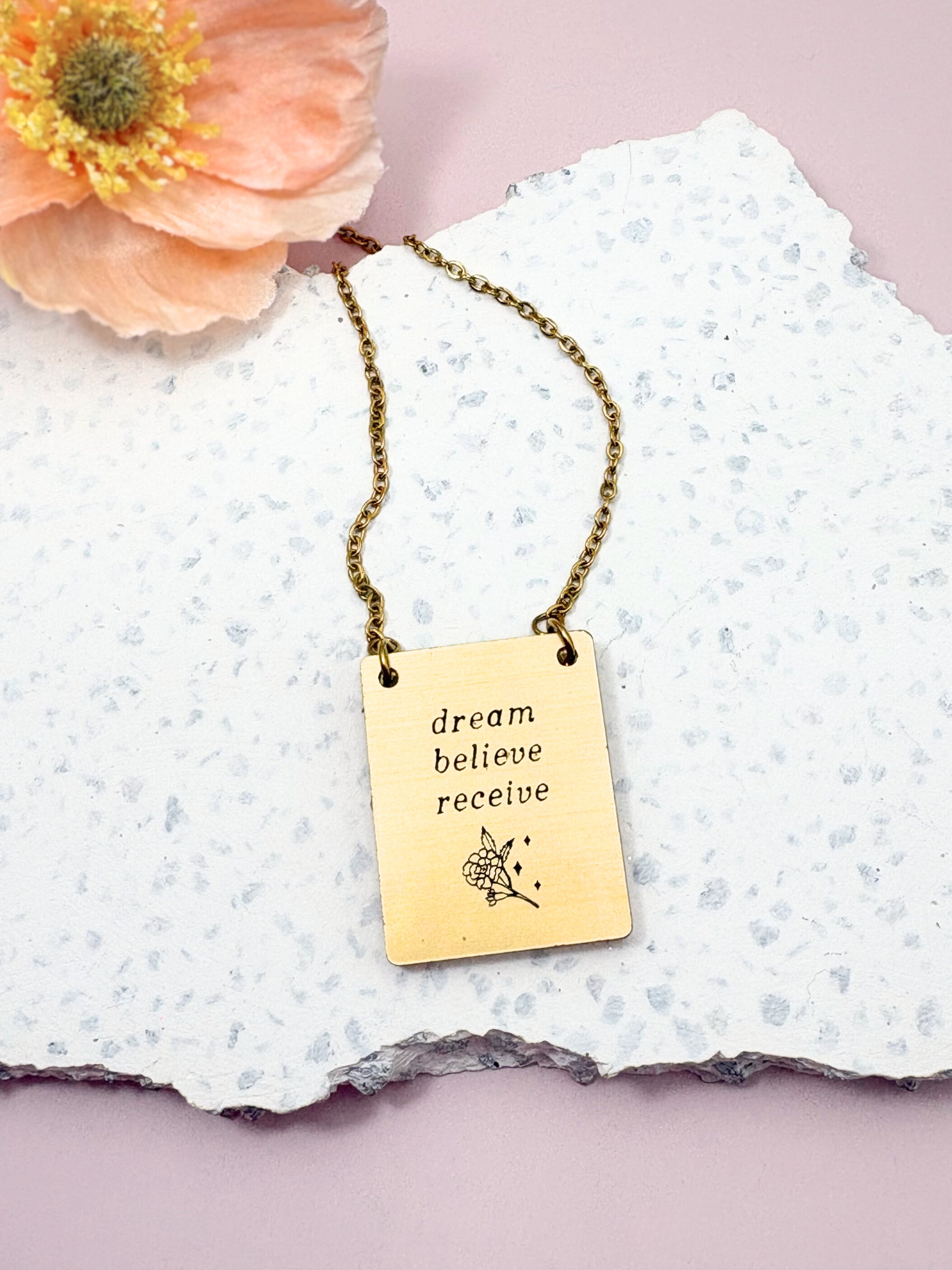 Dream Believe Receive Pendant Necklace – Gold Mirror Acrylic | Isla & Marigold