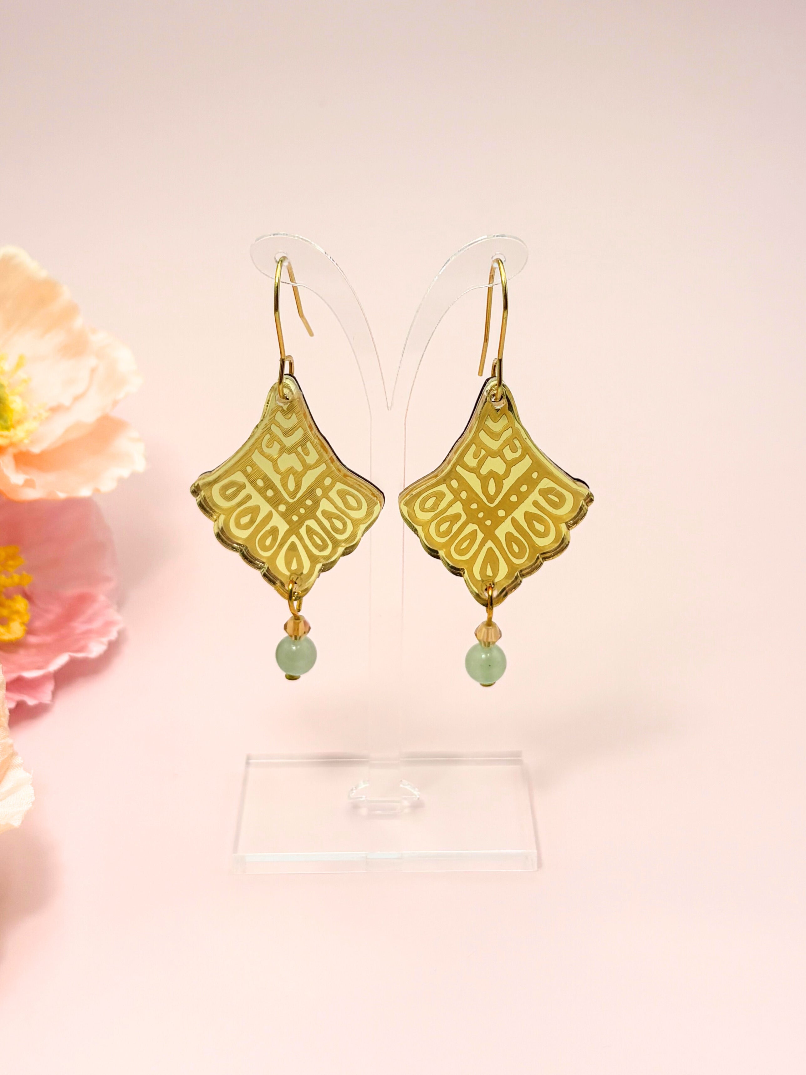 I Manifest With Ease Dangles – Gold Mirror Acrylic Earrings | Aventurine & Amber Glass | Isla & Marigold