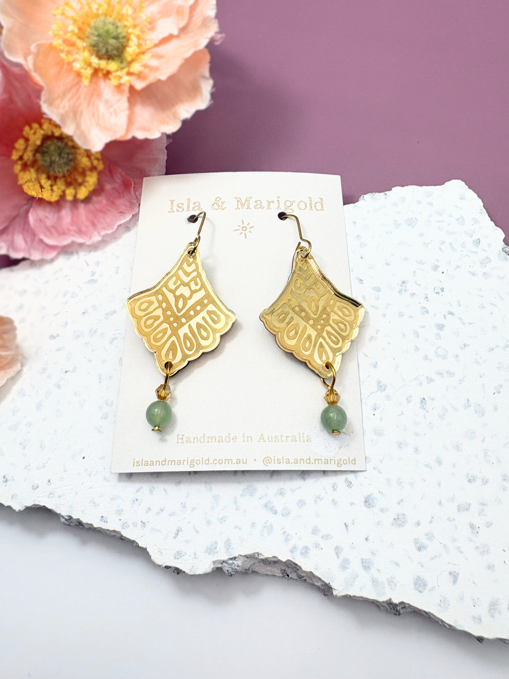 I Manifest With Ease Affirmation Dangles – Gold Mirror Acrylic Earrings | Aventurine & Amber Glass | Isla & Marigold
