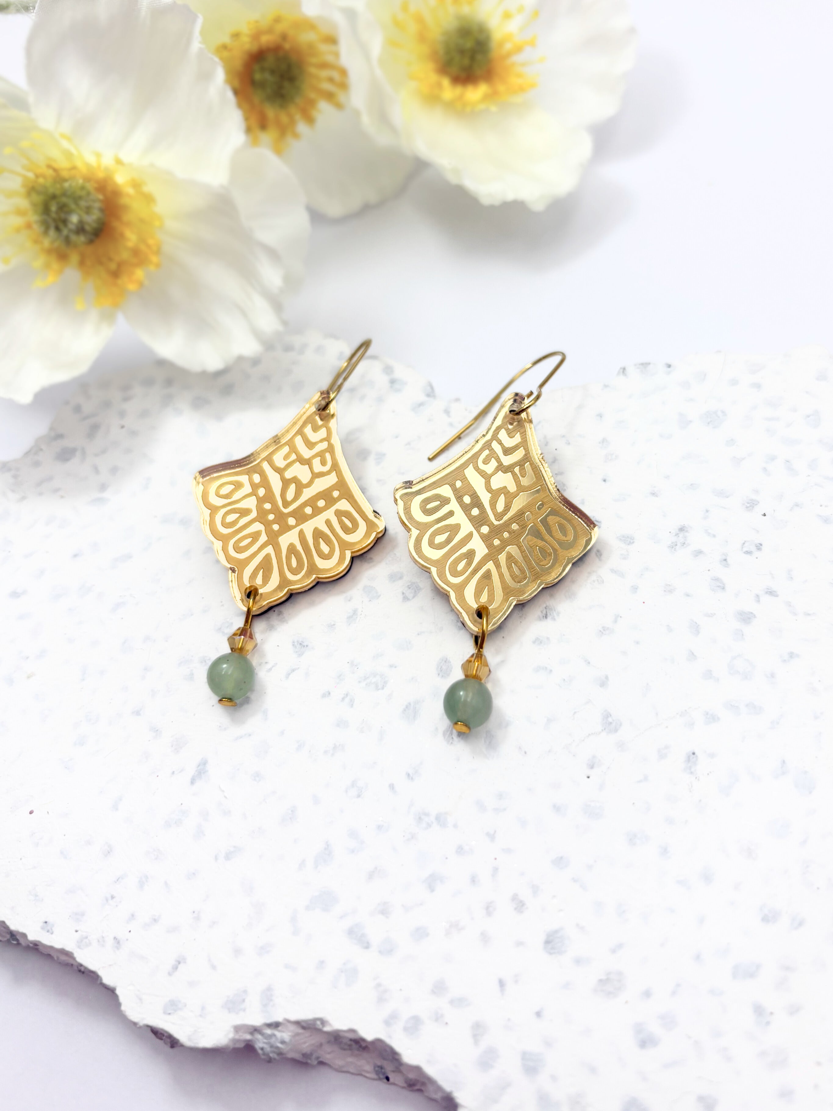 I Manifest With Ease Affirmation Dangles – Gold Mirror Acrylic Earrings | Aventurine & Amber Glass | Isla & Marigold