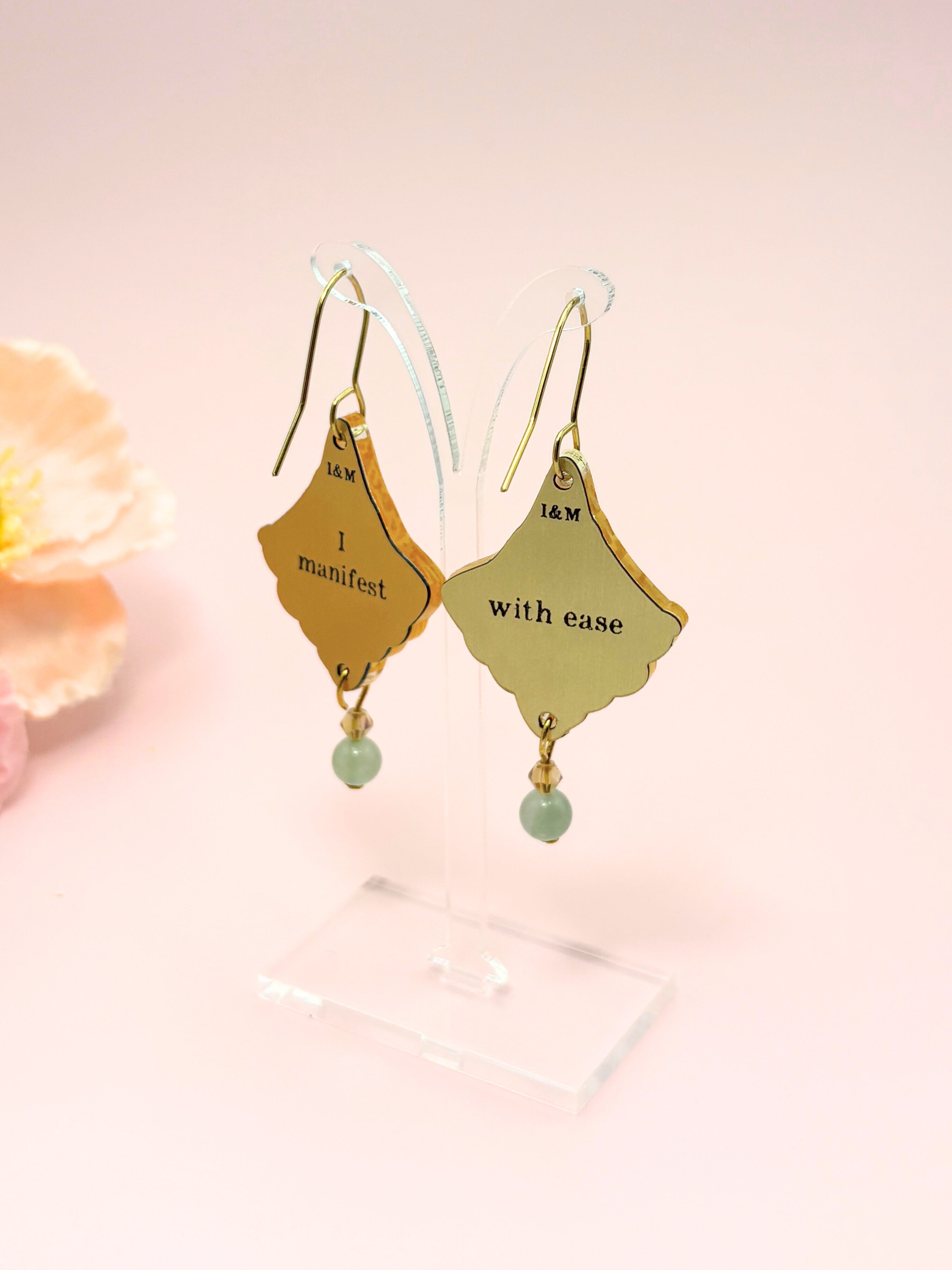 I Manifest With Ease Dangles – Gold Mirror Acrylic Earrings | Aventurine & Amber Glass | Isla & Marigold