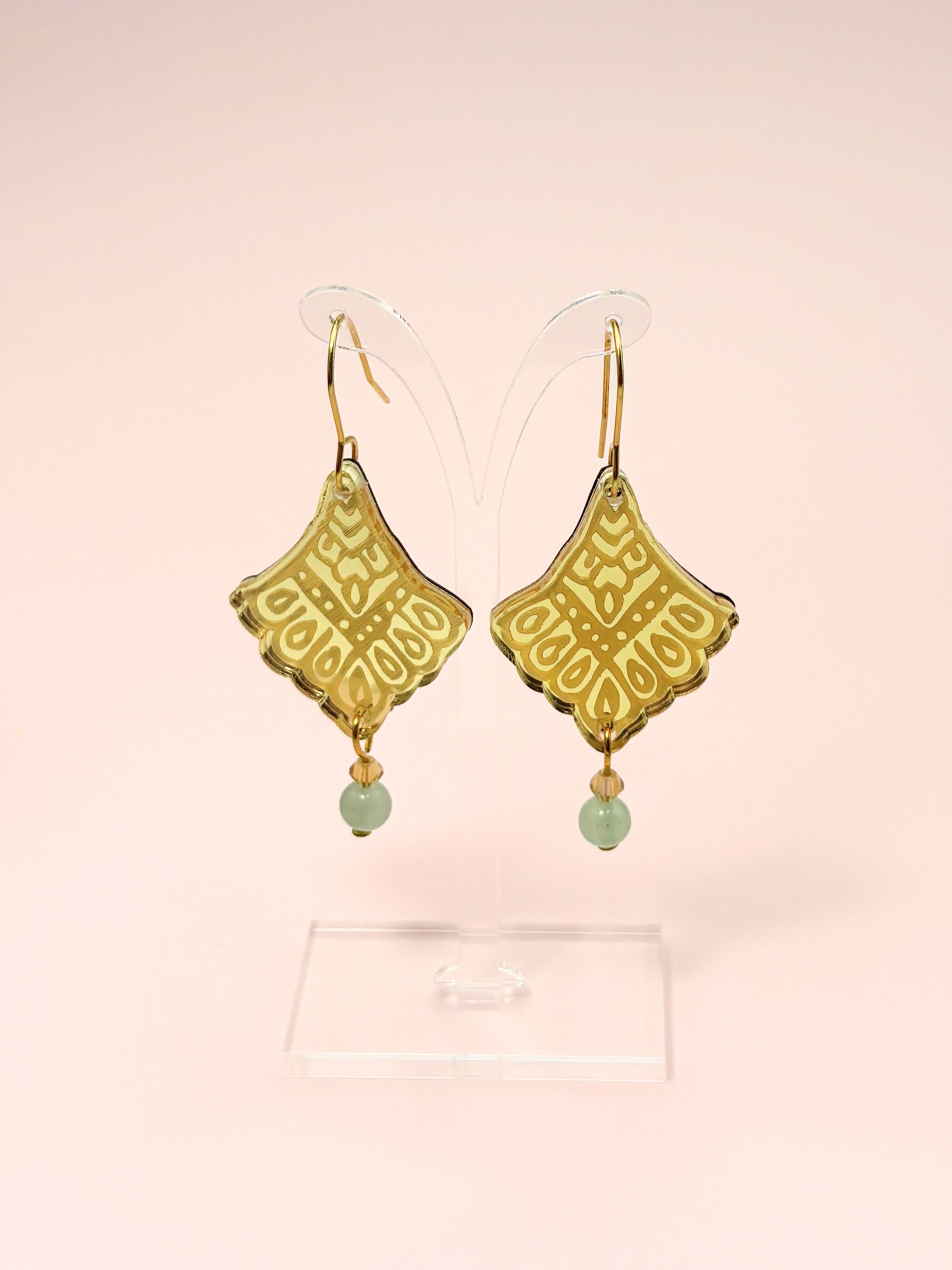 I Manifest With Ease Affirmation Dangles – Gold Mirror Acrylic Earrings | Aventurine & Amber Glass | Isla & Marigold