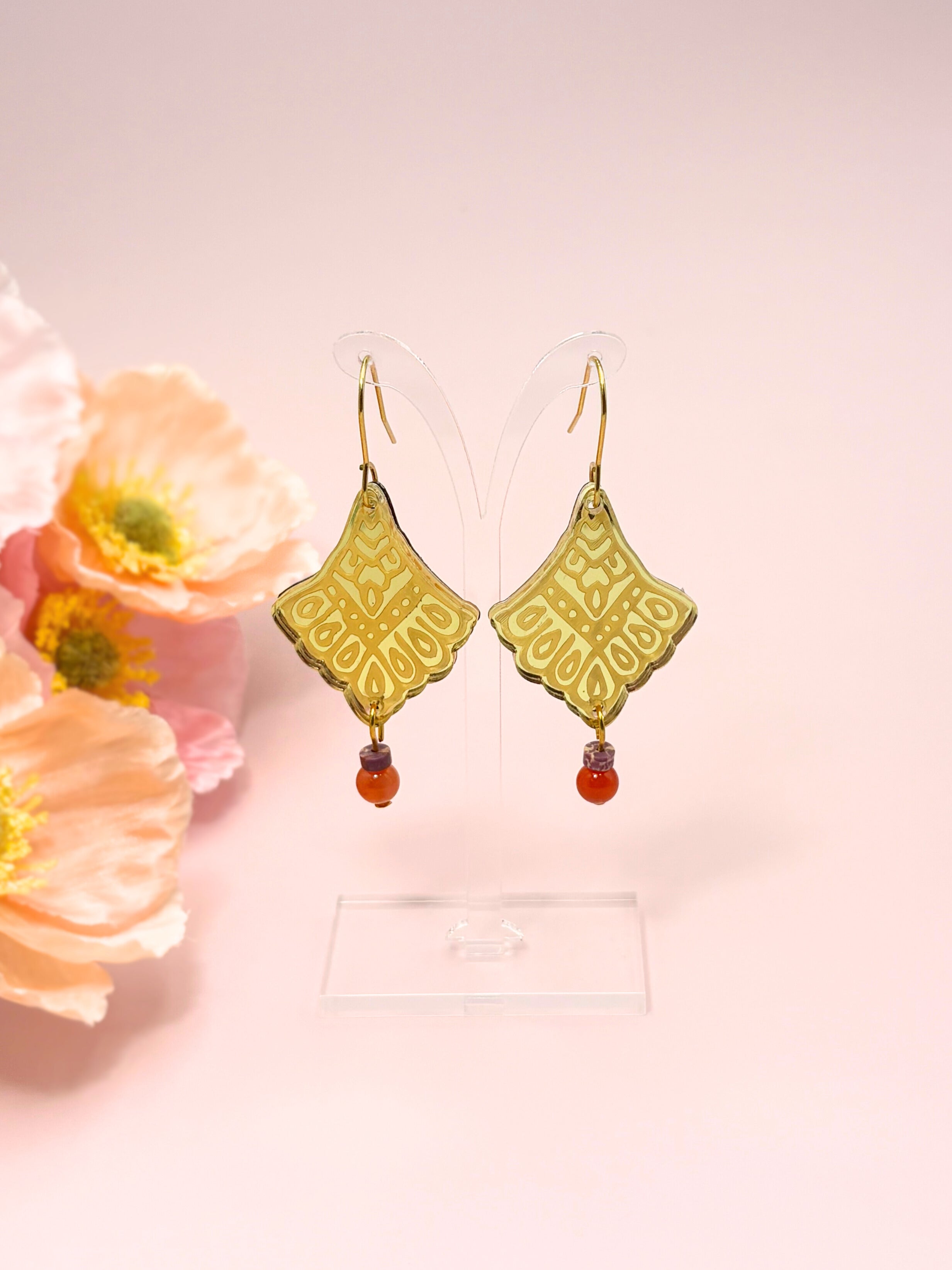 I Manifest With Ease Dangles – Gold Mirror Acrylic Earrings | Carnelian & Jasper | Isla & Marigold