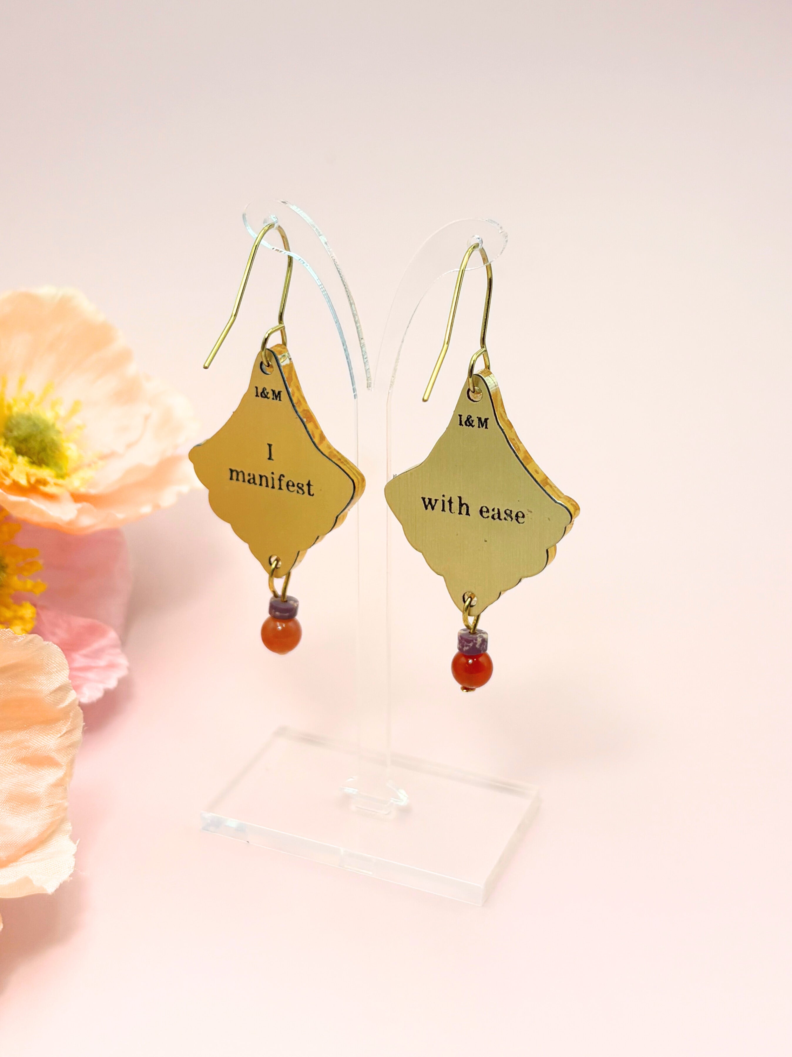 I Manifest With Ease Dangles – Gold Mirror Acrylic Earrings | Carnelian & Jasper | Isla & Marigold