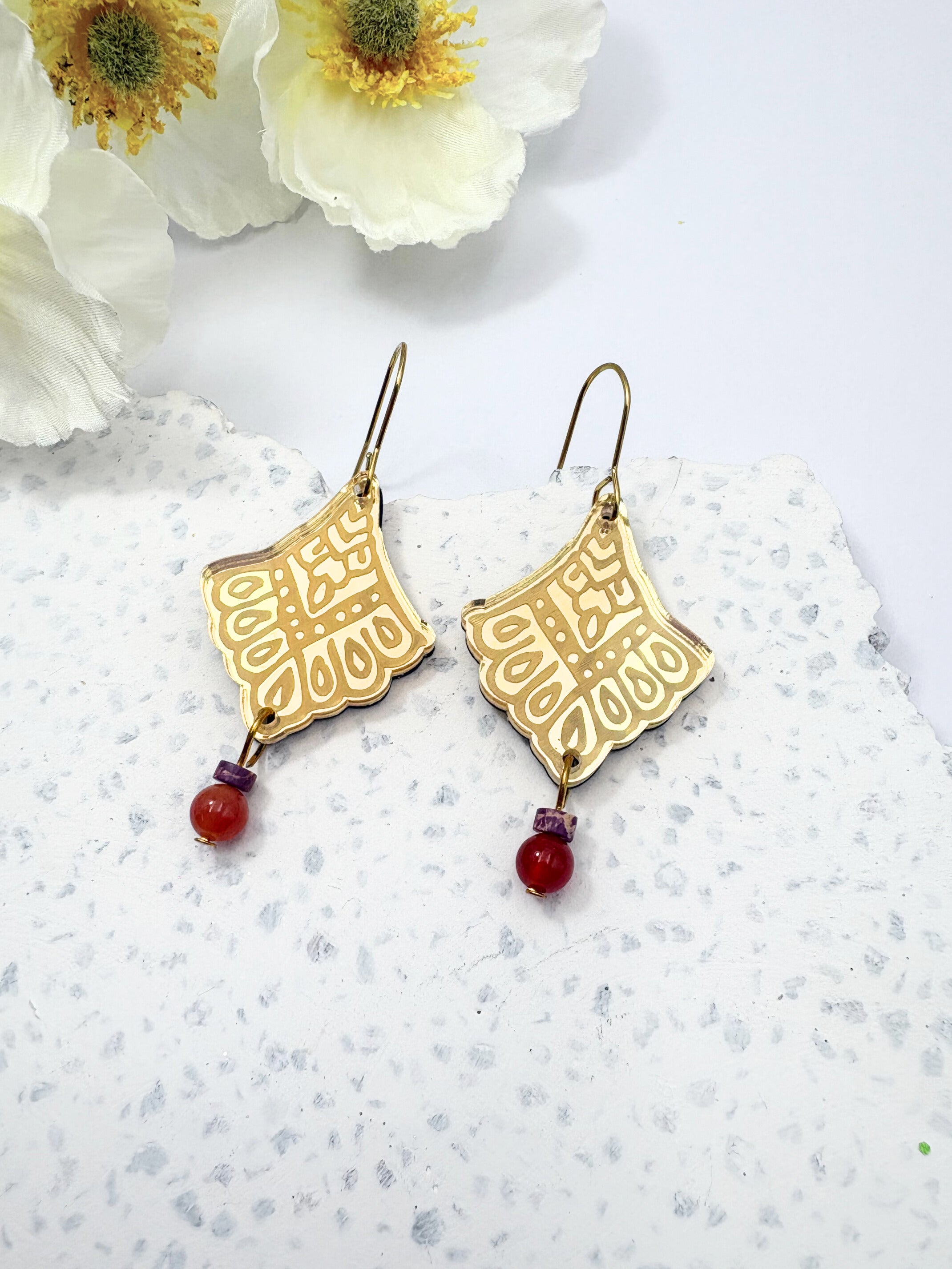 I Manifest With Ease Affirmation Dangles – Gold Mirror Acrylic Earrings | Carnelian & Jasper | Isla & Marigold