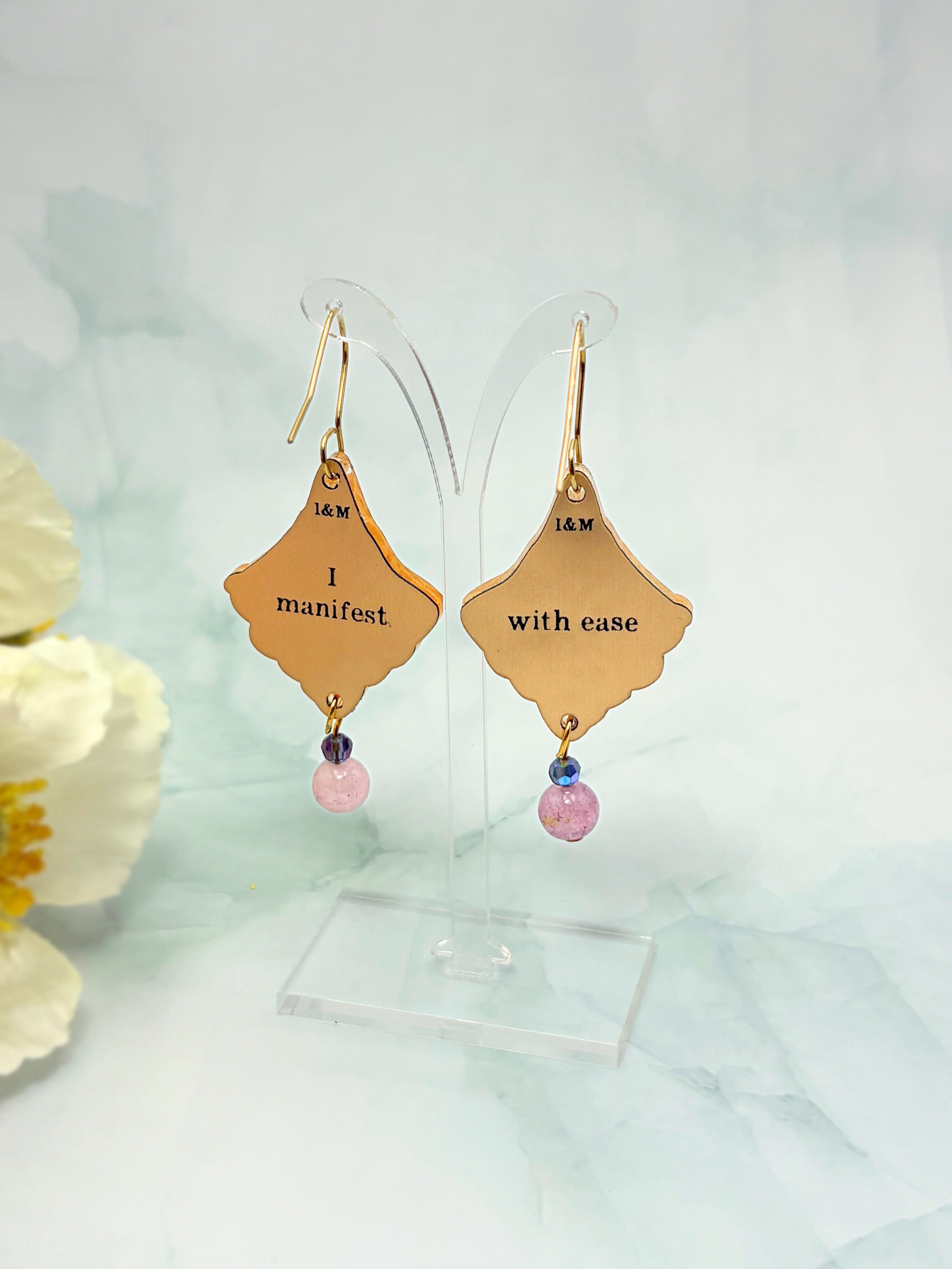 I Manifest With Ease Dangles – Gold Mirror Acrylic Earrings | Indigo & Plum Glass | Isla & Marigold