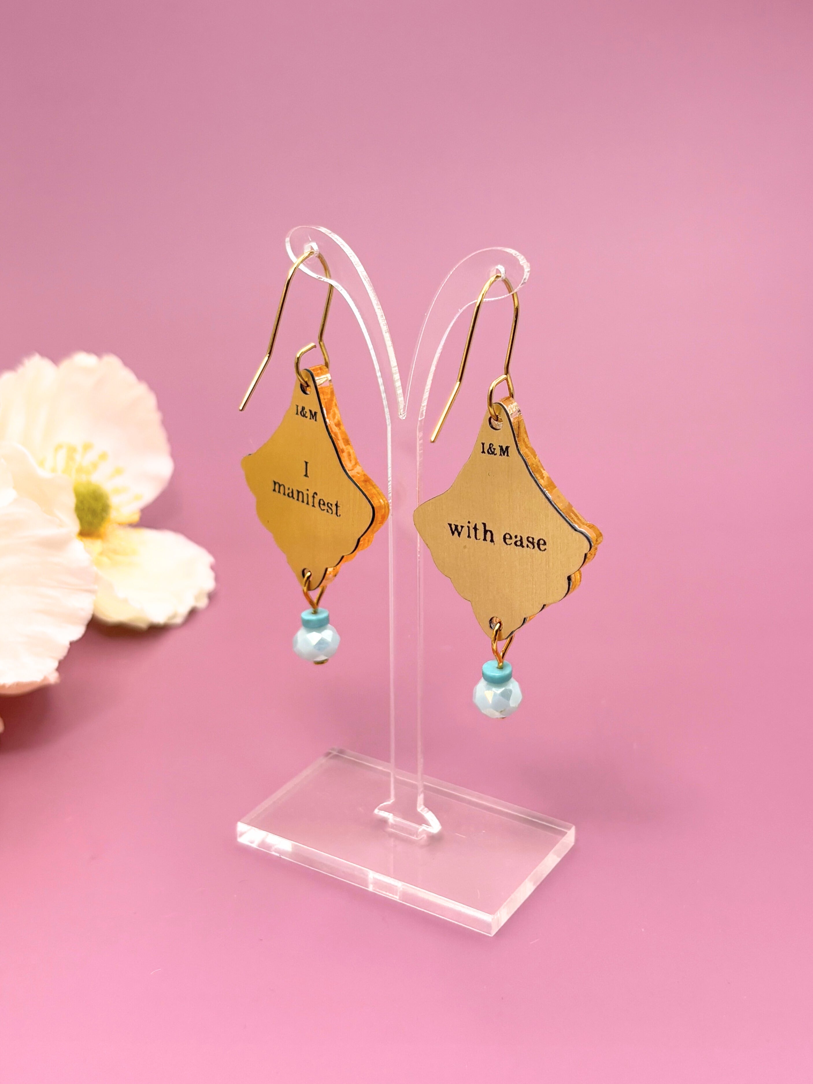 I Manifest With Ease Dangles – Gold Mirror Acrylic Earrings | Turquoise & Blue Glass | Isla & Marigold