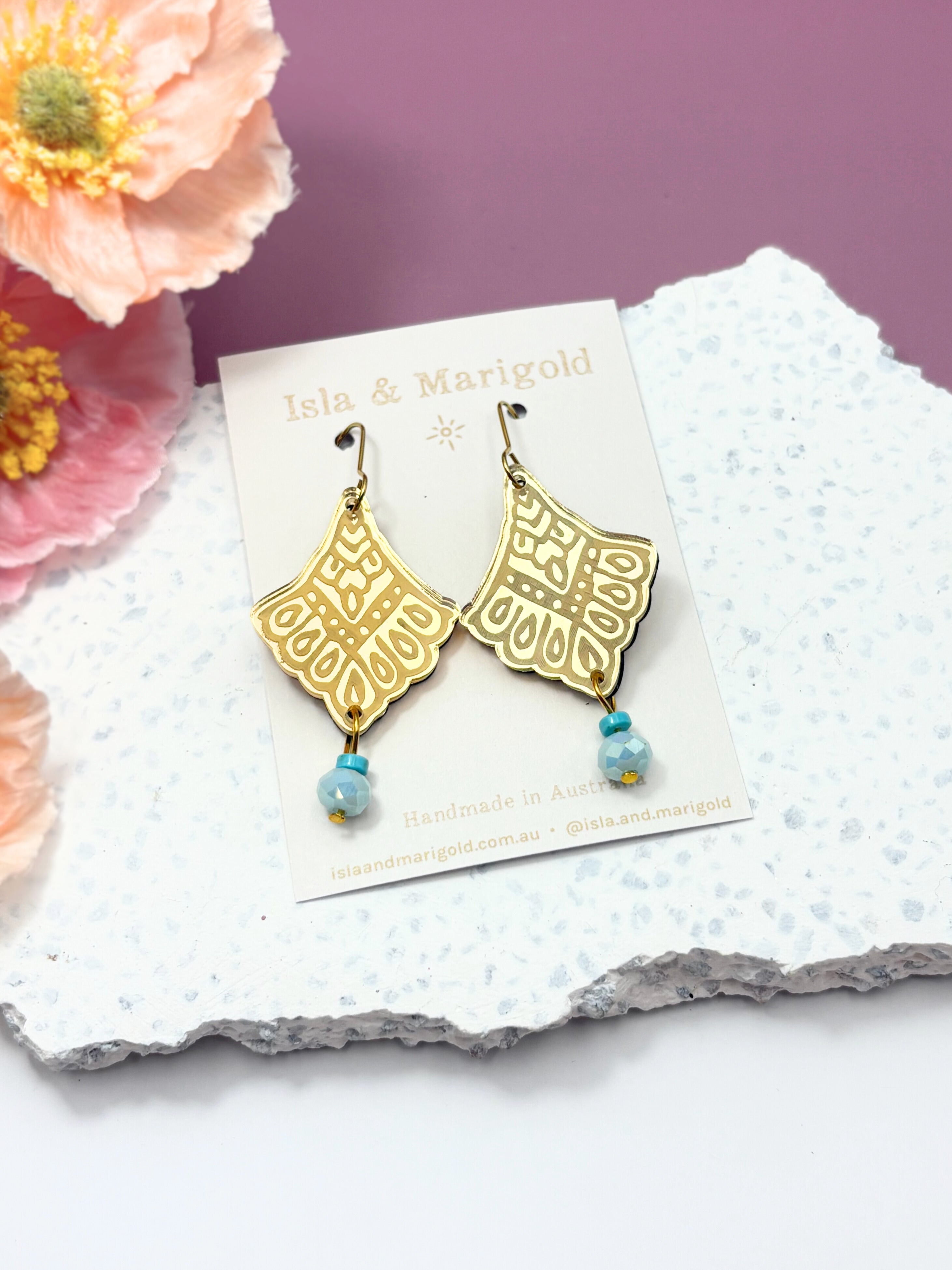 I Manifest With Ease Affirmation Dangles – Gold Mirror Acrylic Earrings | Turquoise & Blue Glass | Isla & Marigold