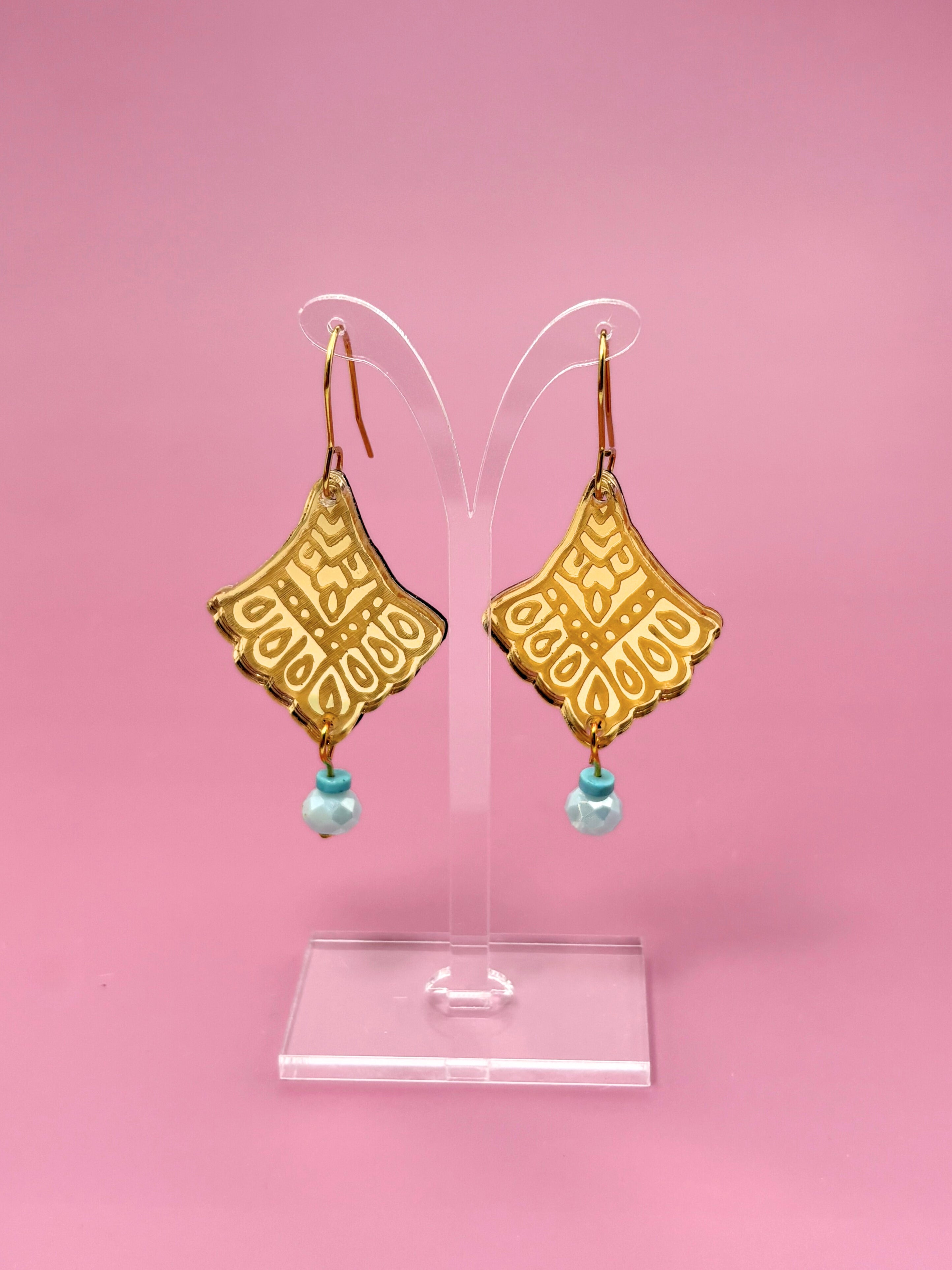 I Manifest With Ease Affirmation Dangles – Gold Mirror Acrylic Earrings | Turquoise & Blue Glass | Isla & Marigold