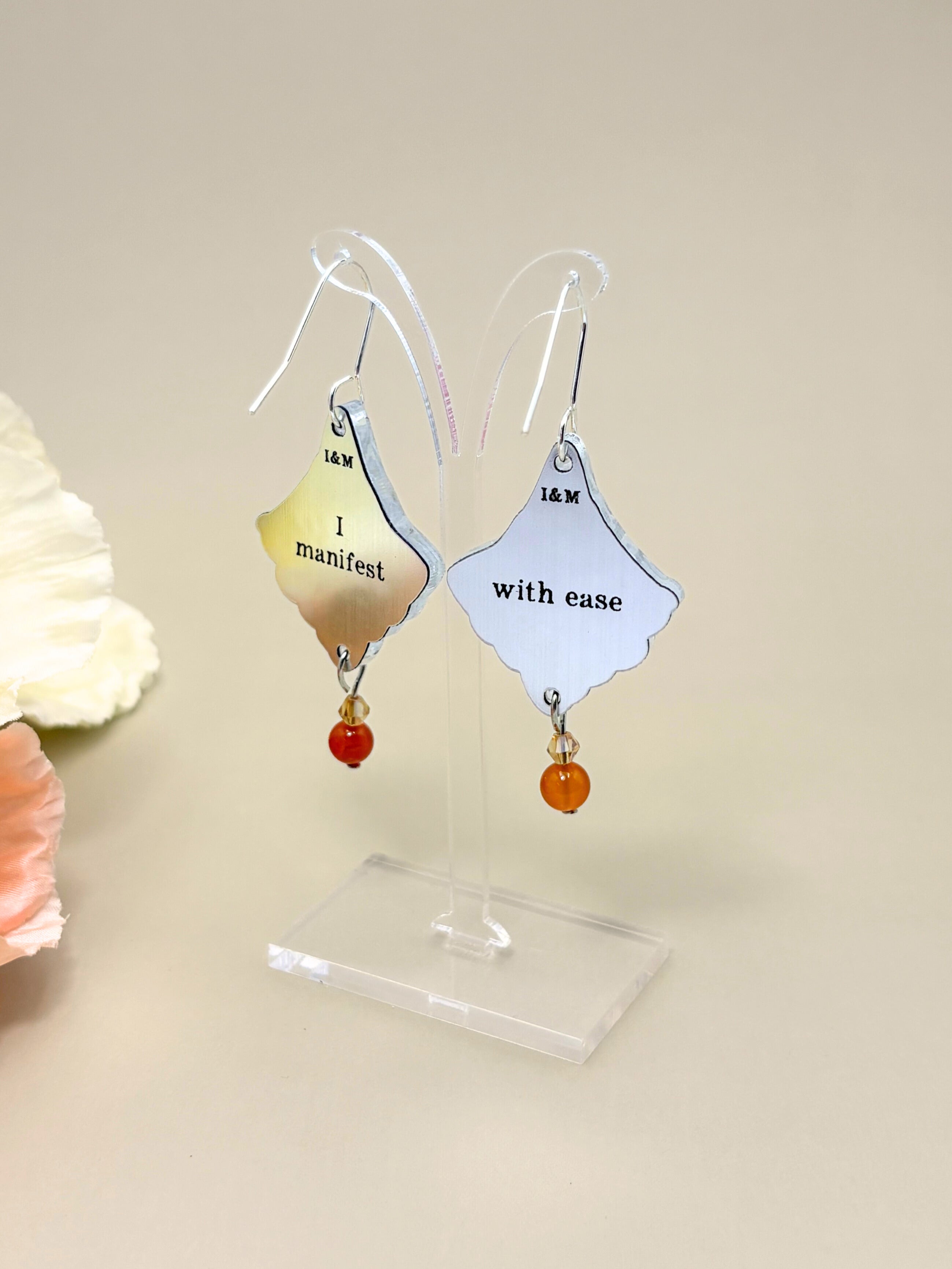 I Manifest With Ease Dangles – Silver Mirror Acrylic Earrings | Carnelian & Amber Glass | Isla & Marigold