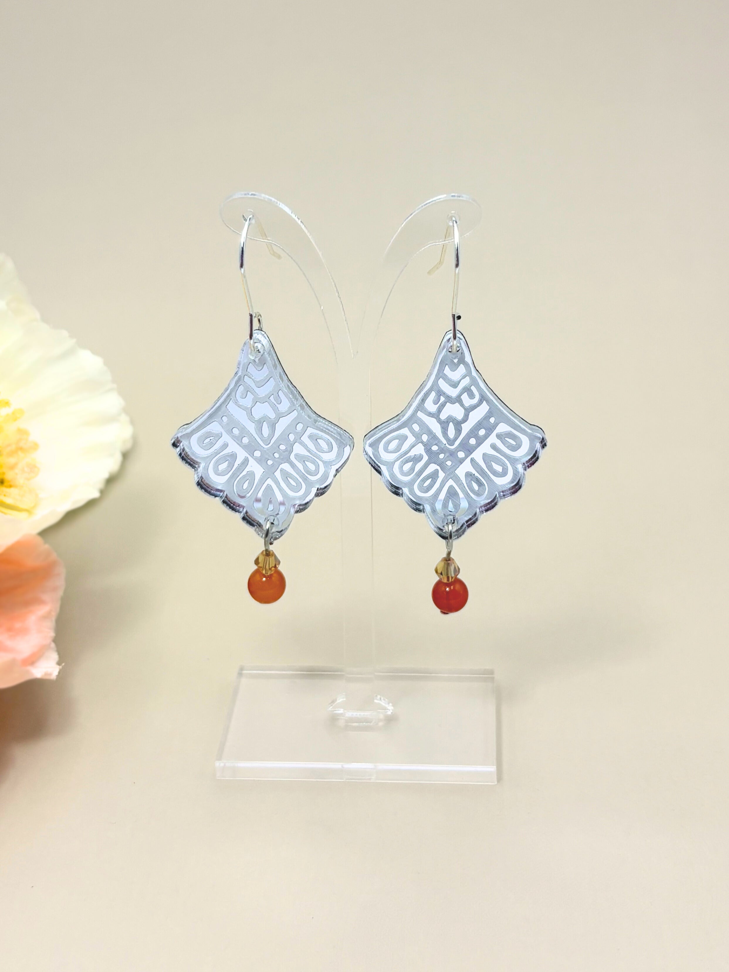 I Manifest With Ease Dangles – Silver Mirror Acrylic Earrings | Carnelian & Amber Glass | Isla & Marigold