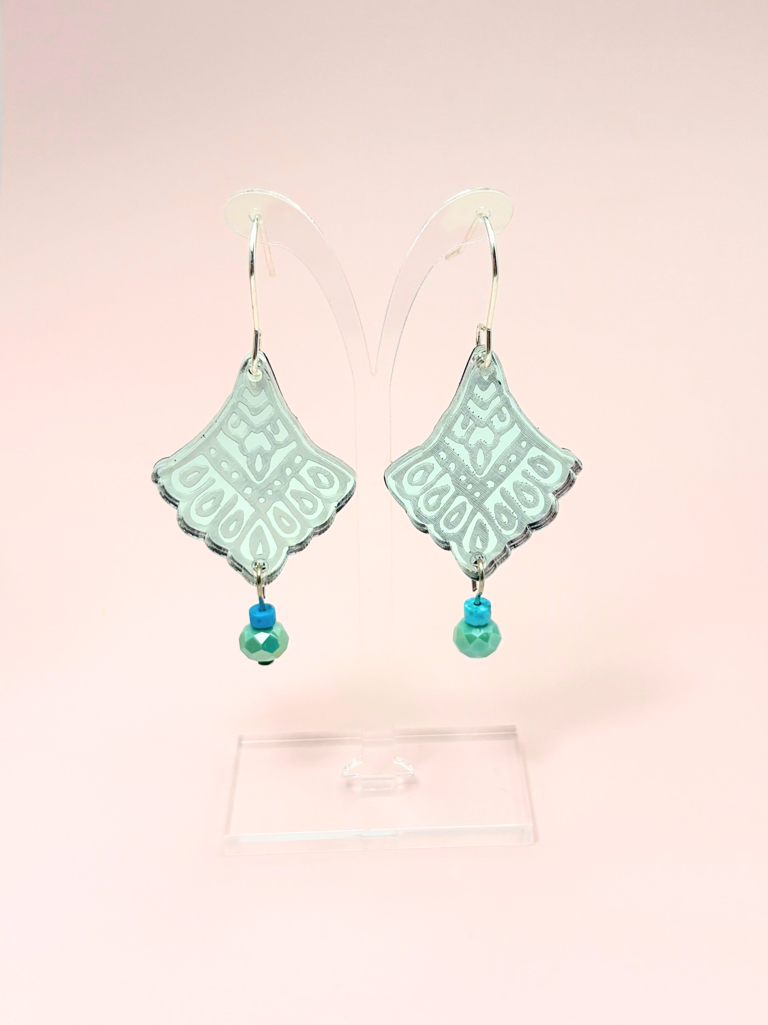 I Manifest With Ease Dangles – Silver Mirror Acrylic Earrings | Blue Howlite & Teal Glass | Isla & Marigold