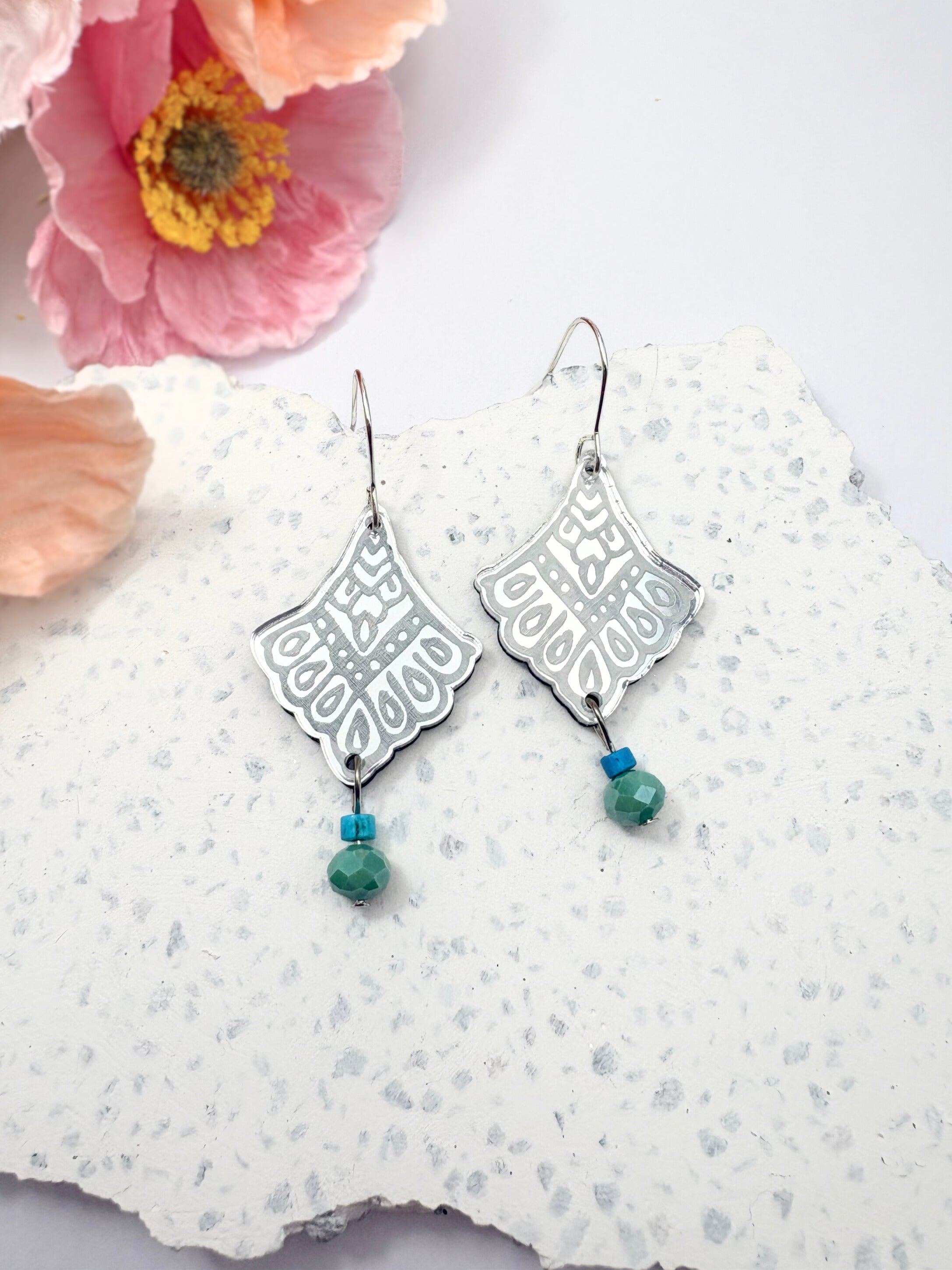 I Manifest With Ease Affirmation Dangles – Silver Mirror Acrylic Earrings | Blue Howlite & Teal Glass | Isla & Marigold