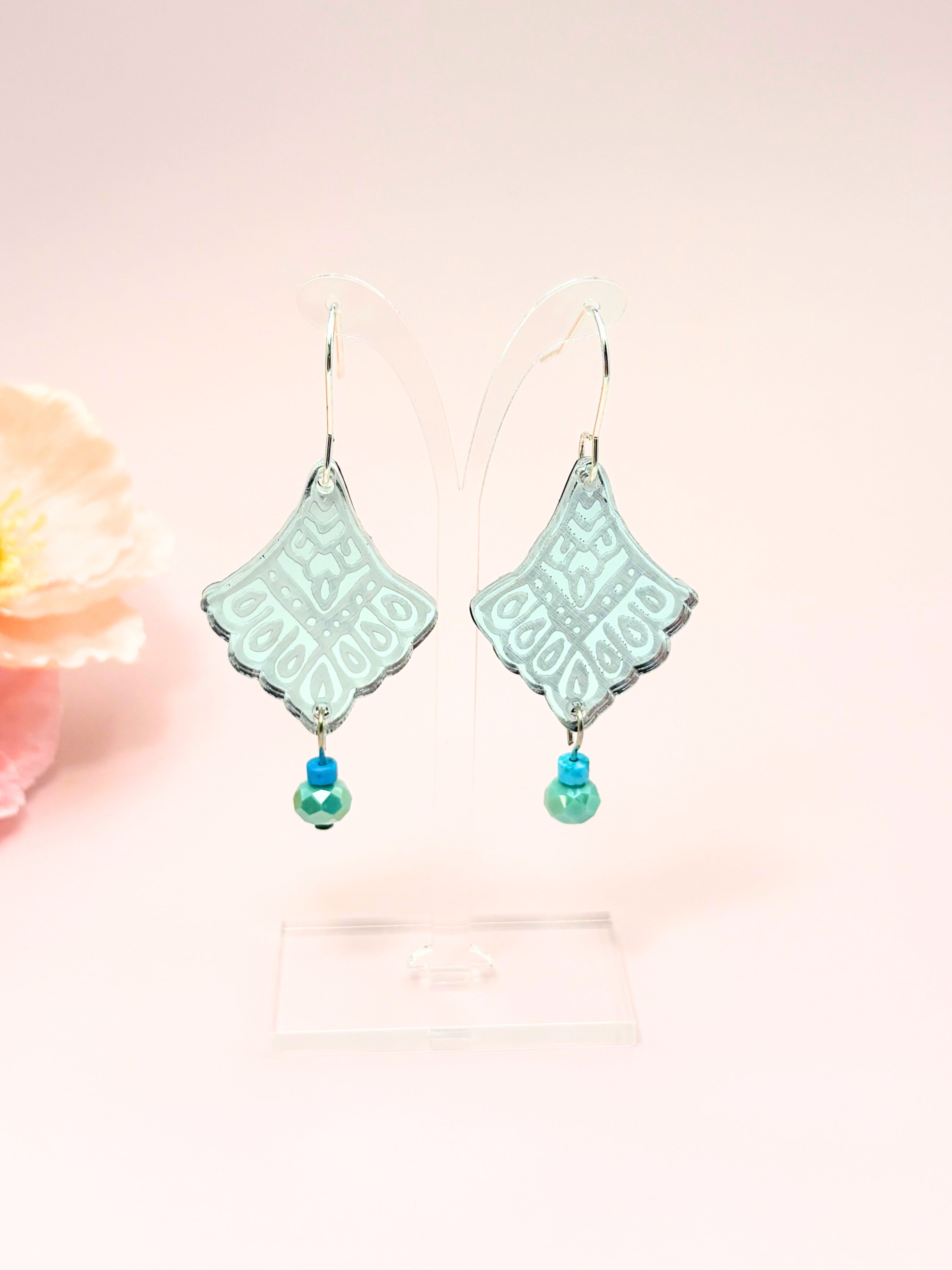 I Manifest With Ease Affirmation Dangles – Silver Mirror Acrylic Earrings | Blue Howlite & Teal Glass | Isla & Marigold