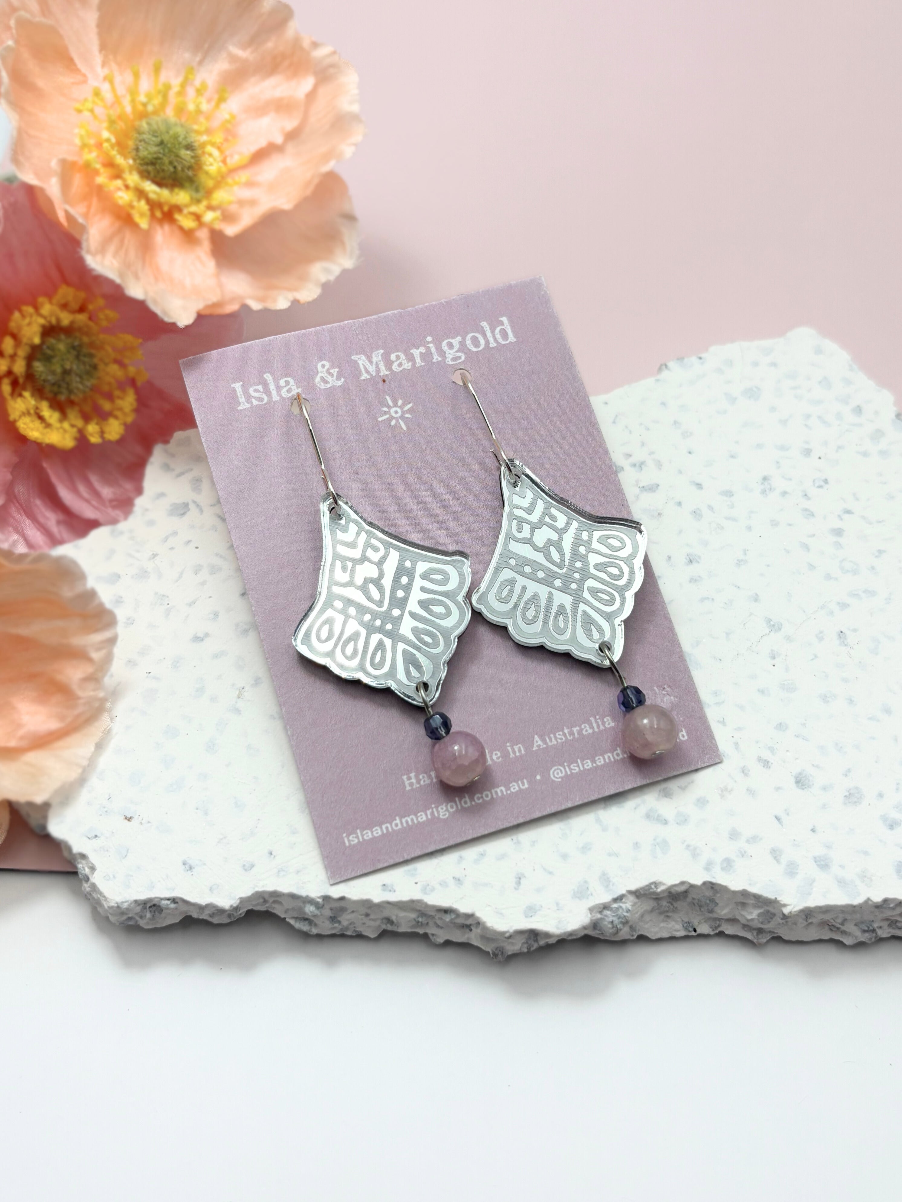 I Manifest With Ease Dangles – Silver Mirror Acrylic Earrings | Indigo & Plum Glass | Isla & Marigold