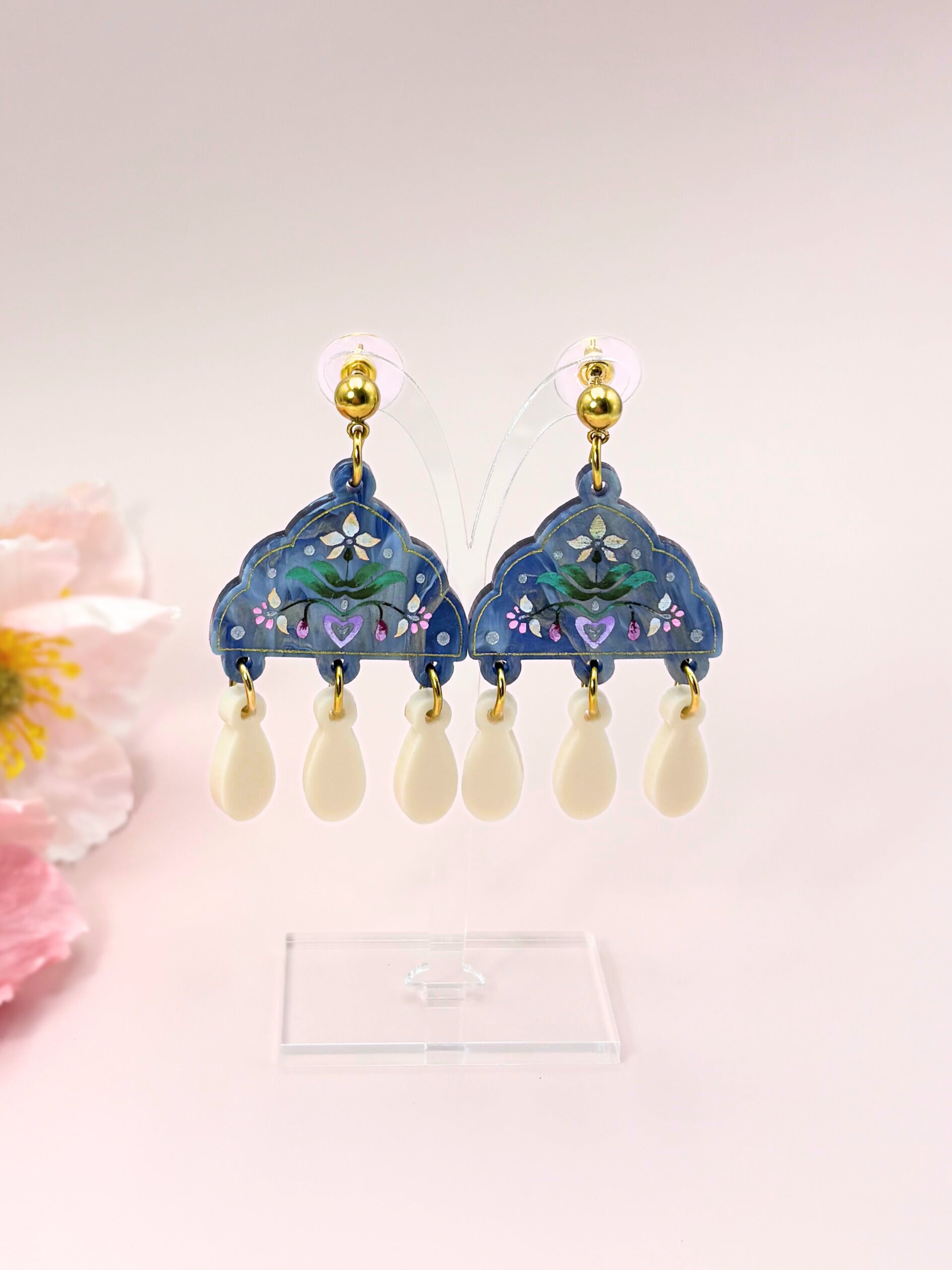 Inner Bloom Dangles - Dusty Blue & Champagne Acrylic Earrings | Isla & Marigold
