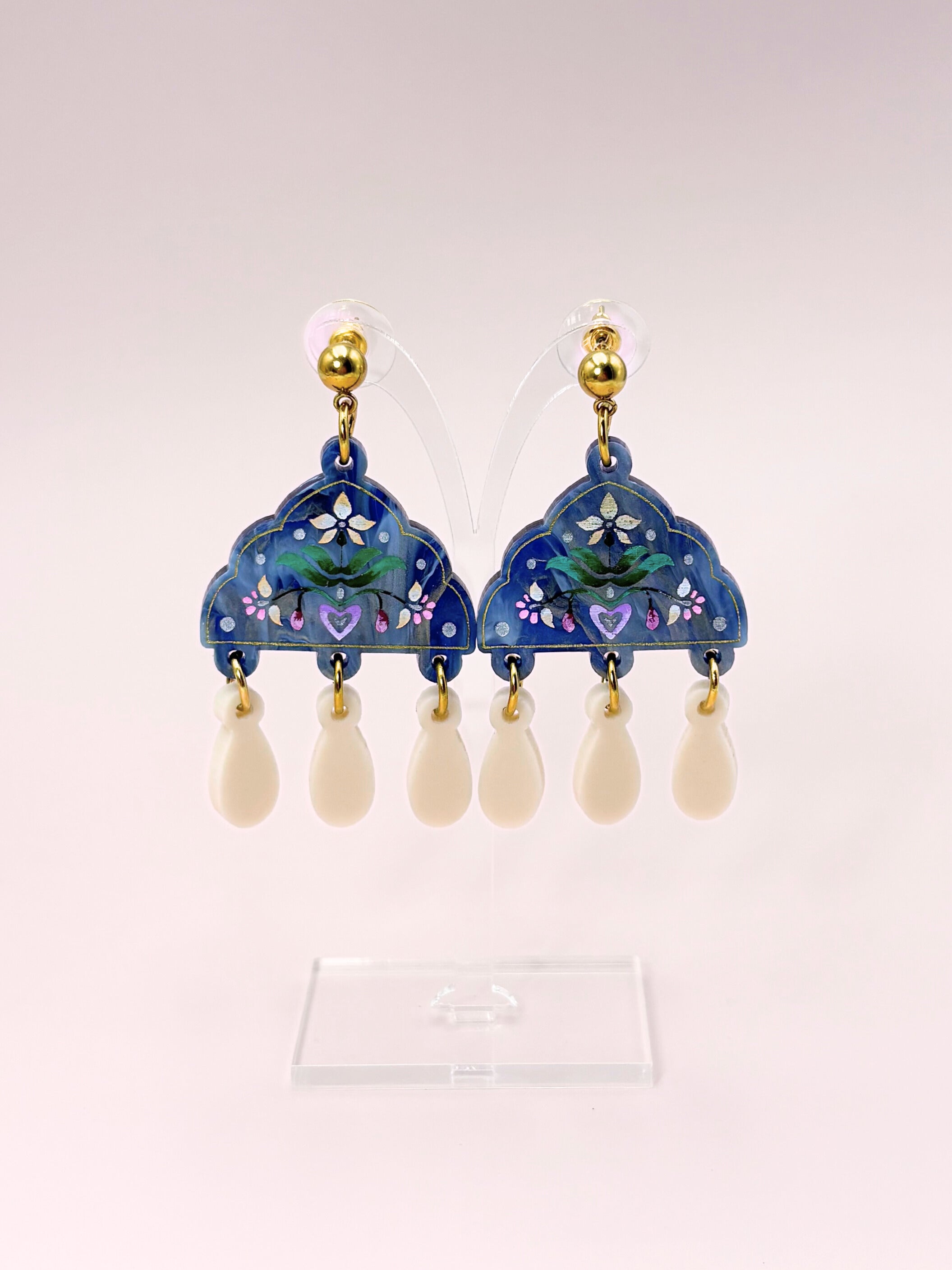 Inner Bloom Dangles - Dusty Blue & Champagne Acrylic Earrings | Isla & Marigold