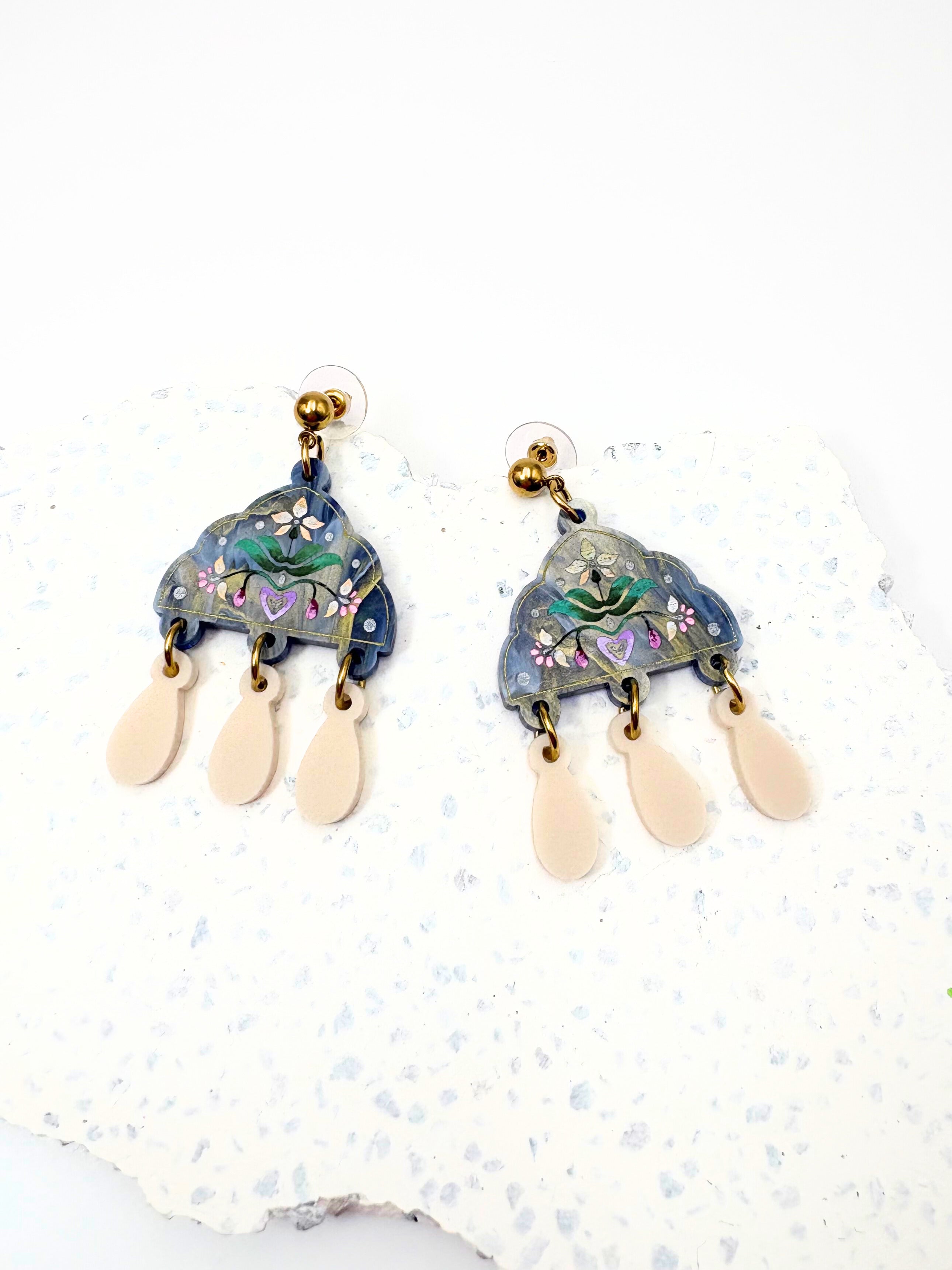 Inner Bloom Dangles - Dusty Blue & Champagne Acrylic Earrings | Isla & Marigold