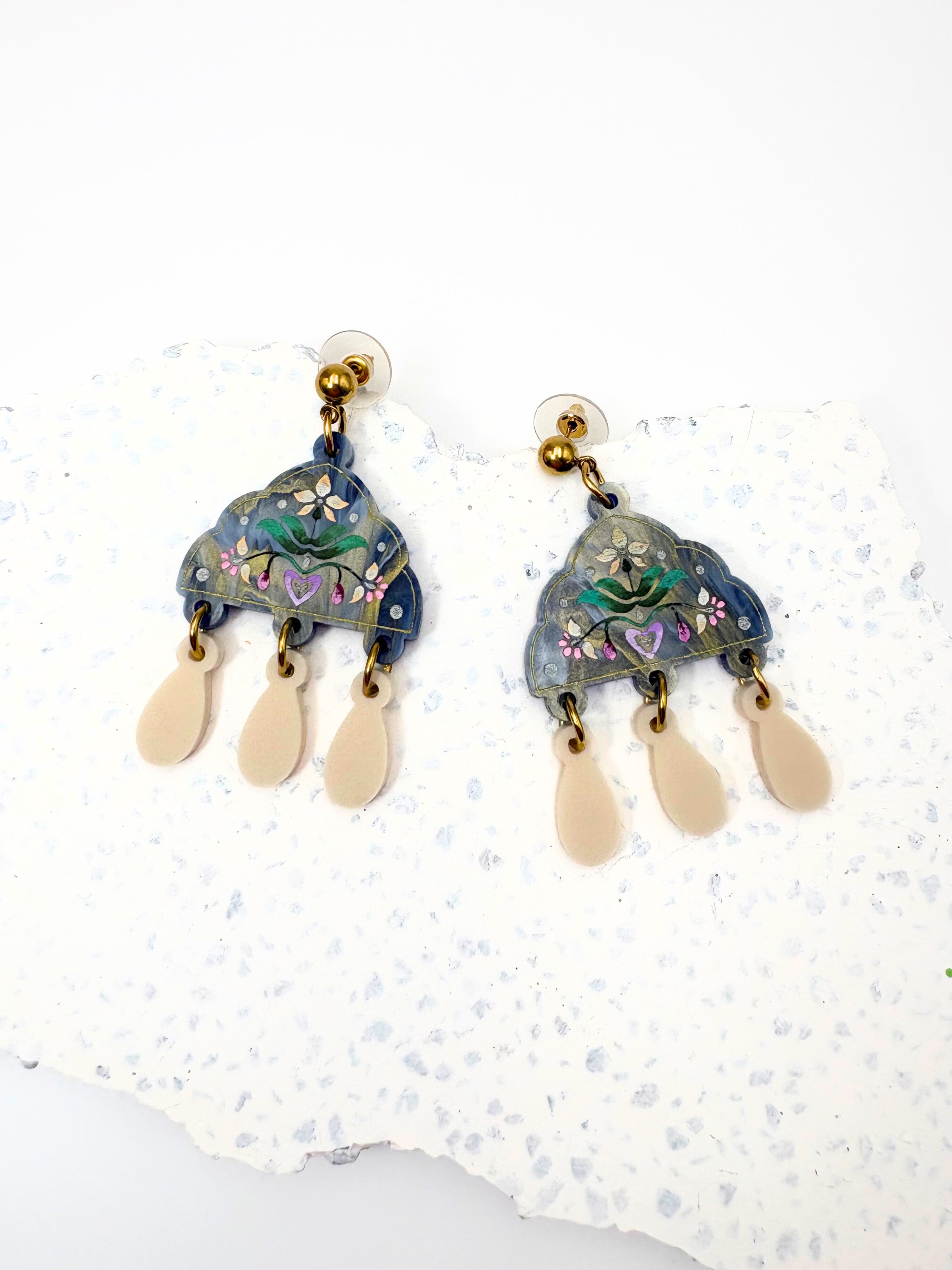 Inner Bloom Dangles - Dusty Blue & Champagne Acrylic Earrings | Isla & Marigold