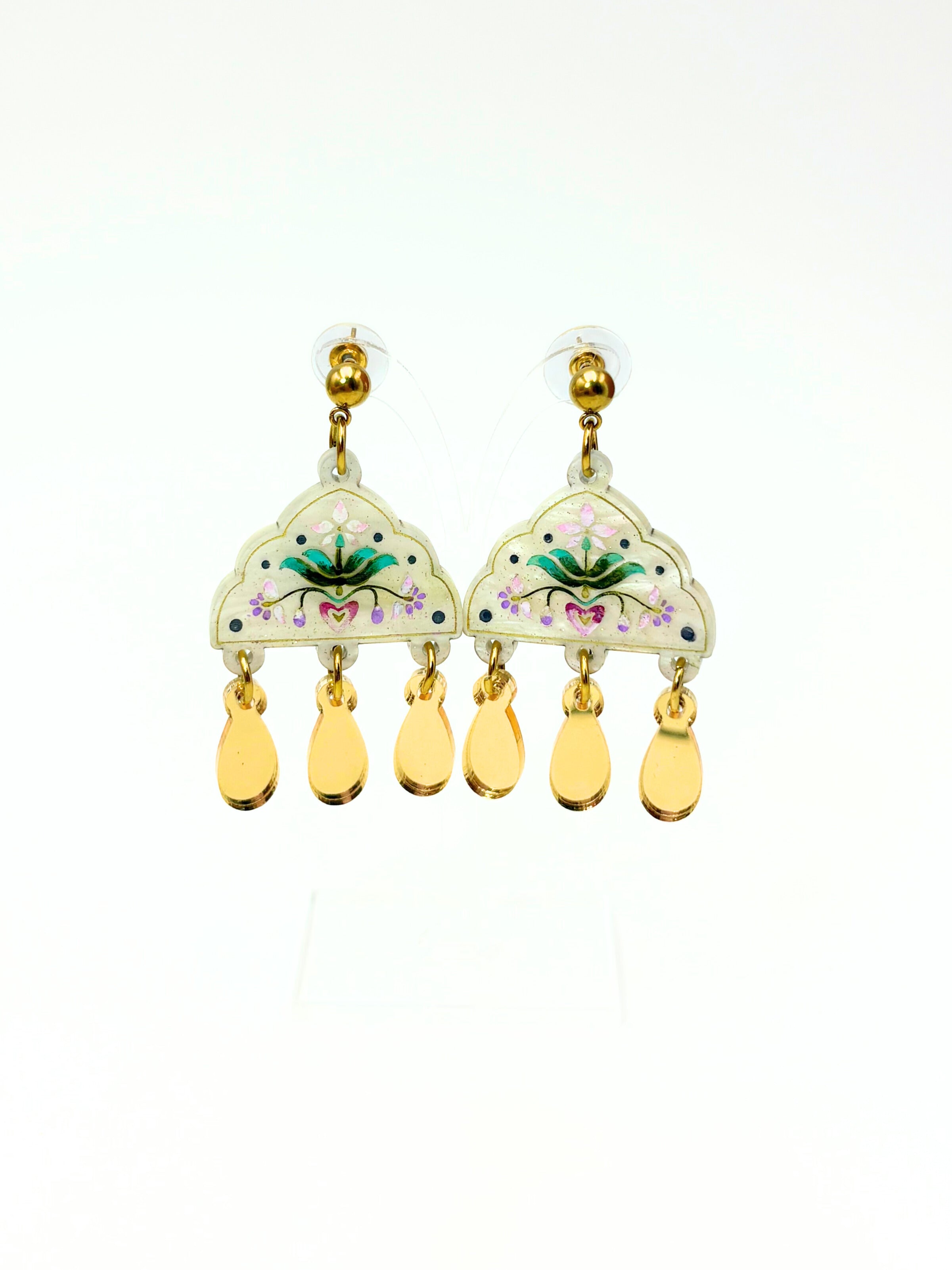 Inner Bloom Dangles - Shimmery Ivory & Gold Acrylic Earrings | Isla & Marigold