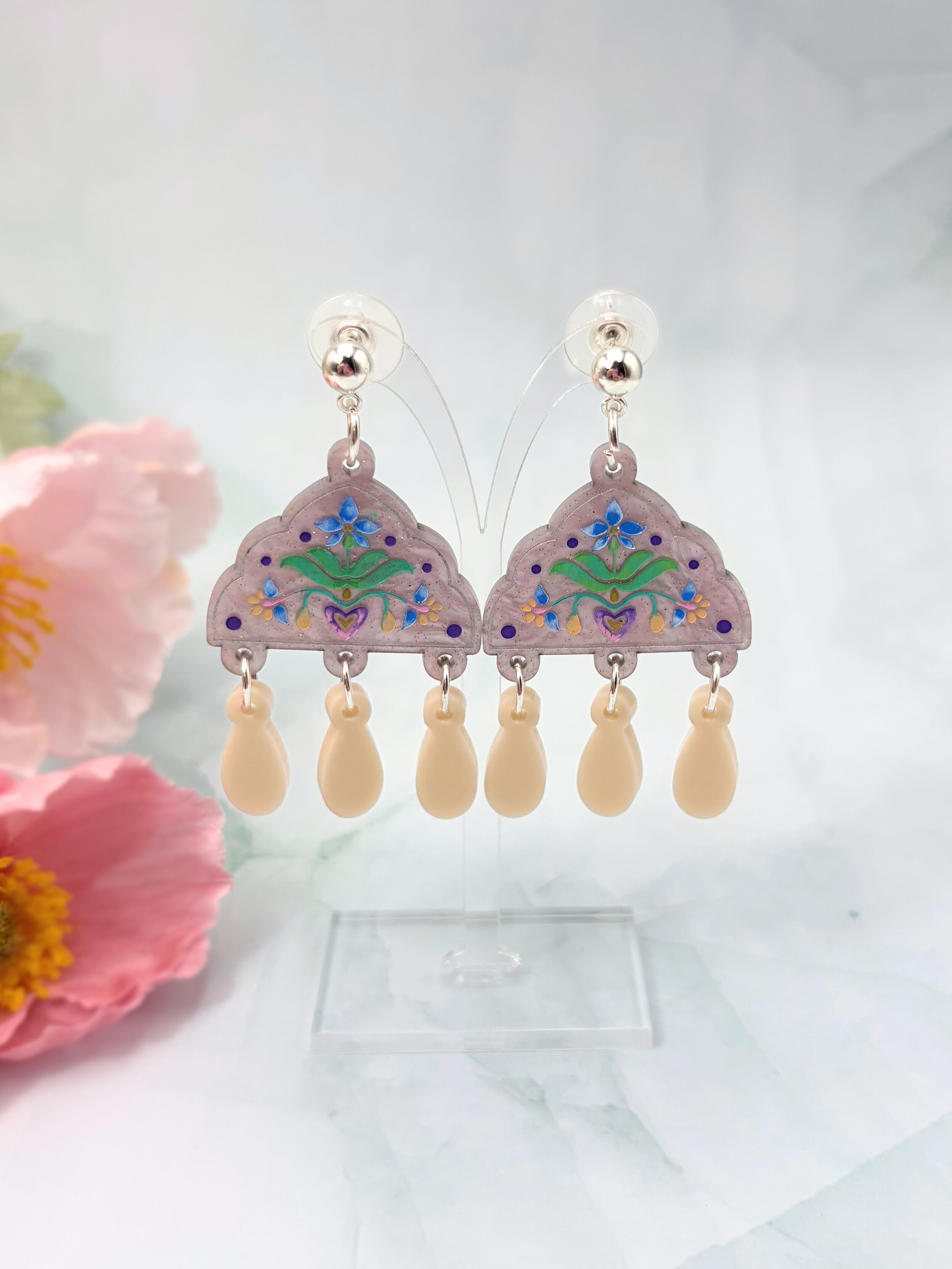 Inner Bloom Dangles - Lilac, Champagne & Gold Acrylic Earrings | Isla & Marigold