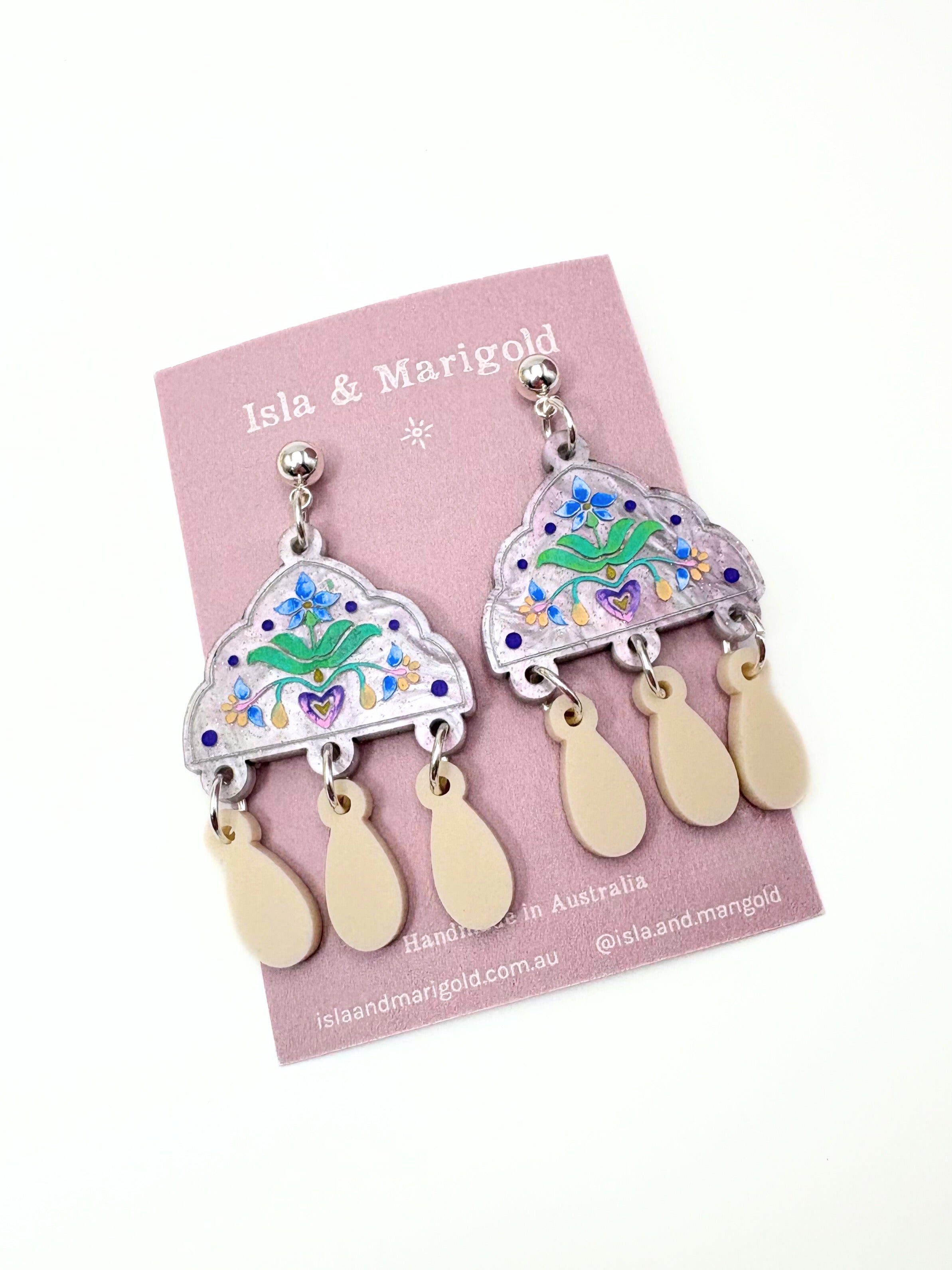 Inner Bloom Dangles - Lilac, Cream & Silver Acrylic Earrings | Isla & Marigold