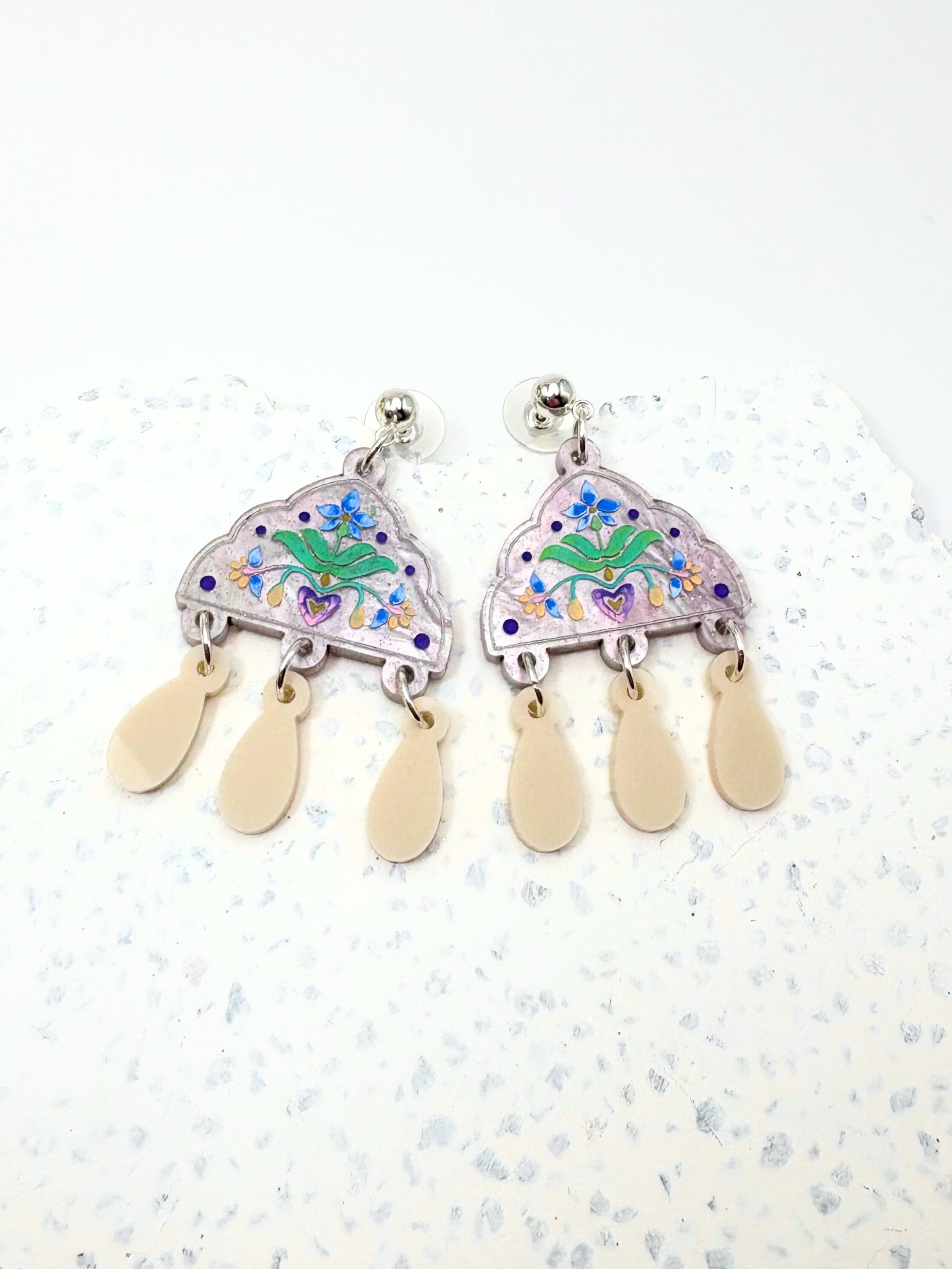 Inner Bloom Dangles - Lilac, Cream & Silver Acrylic Earrings | Isla & Marigold