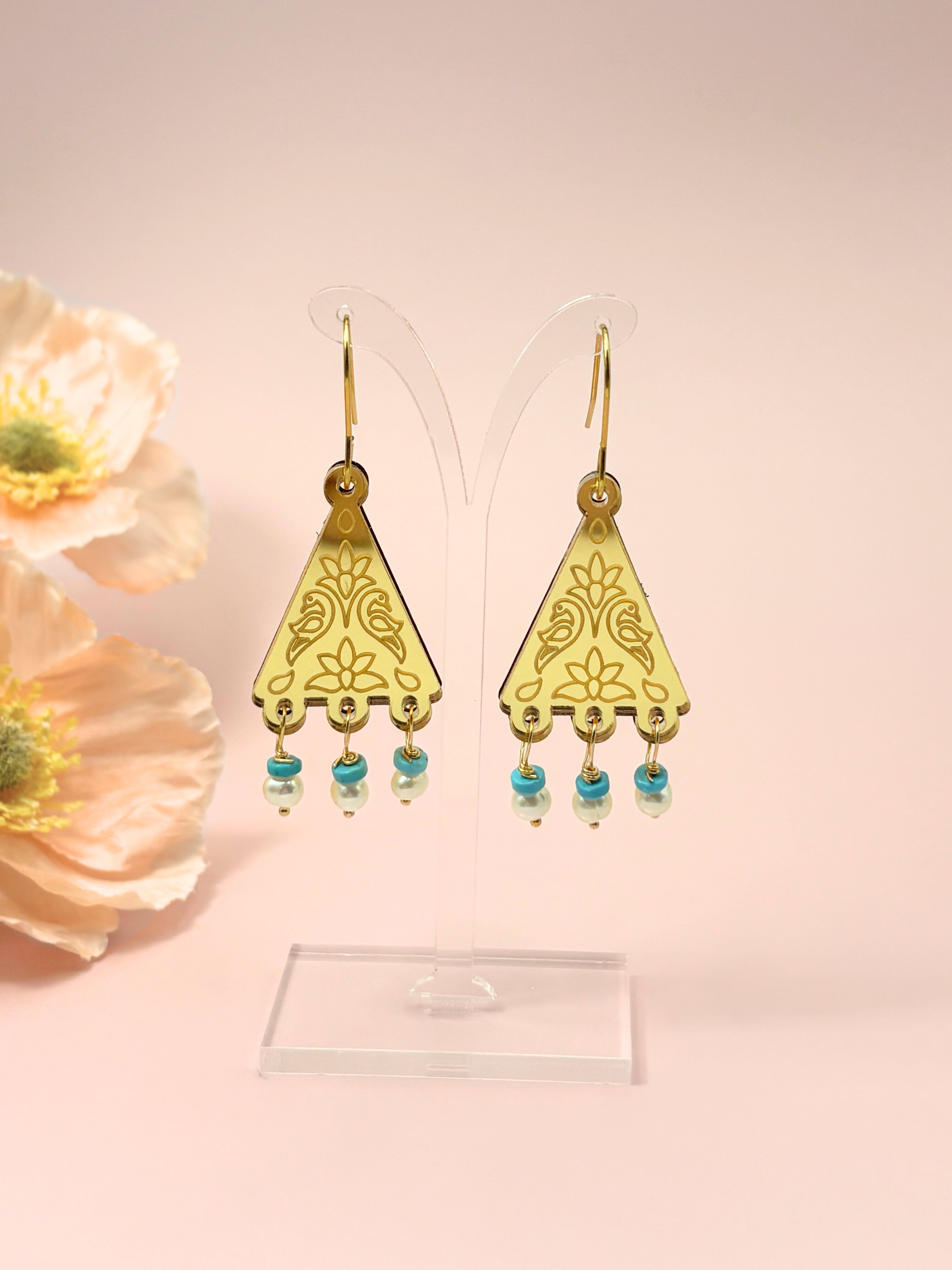 Kindred Spirit Dangles – Gold Mirror Acrylic | Turquoise & Pearl | Isla & Marigold