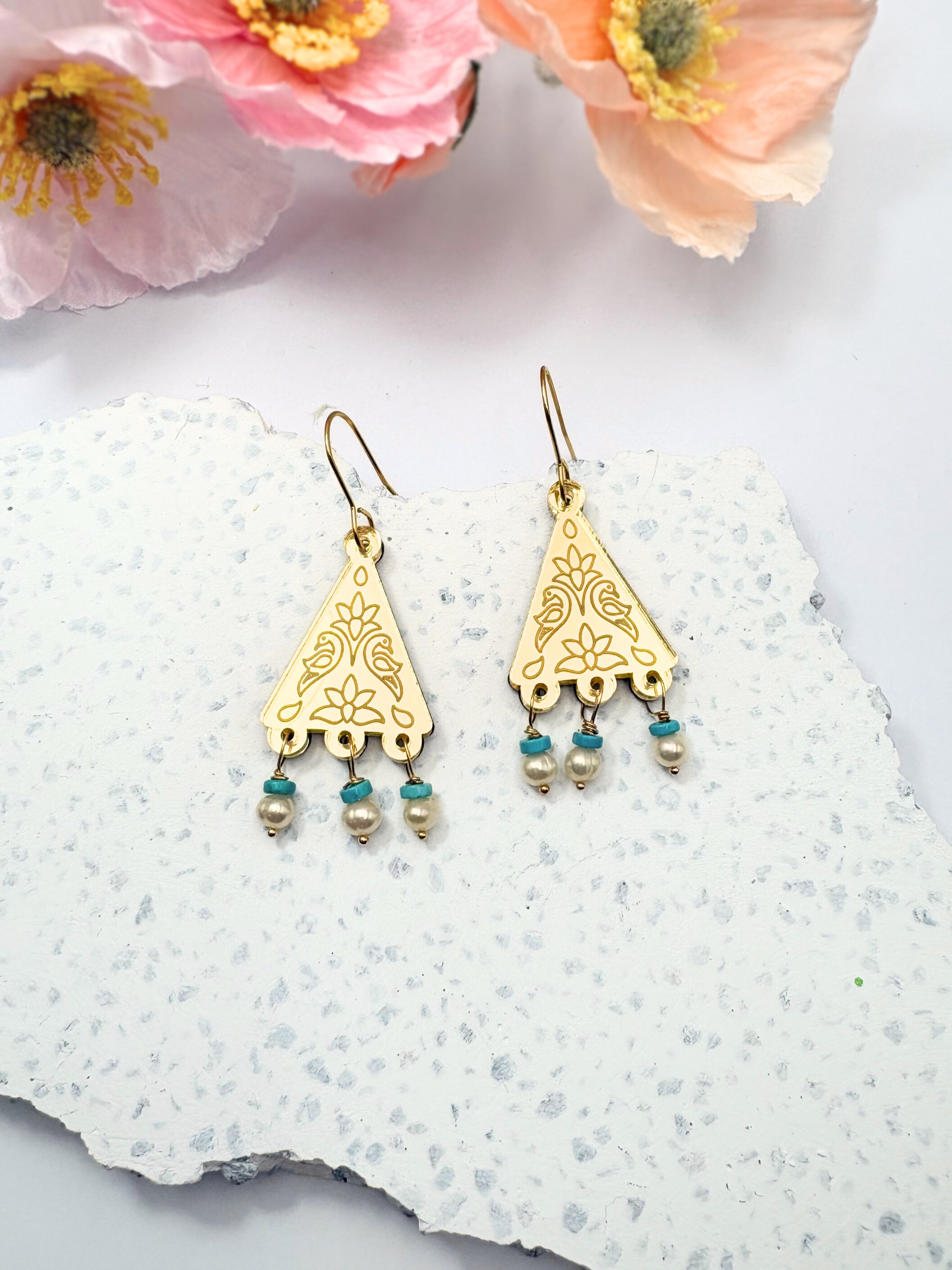 Kindred Spirit Dangles – Gold Mirror Acrylic | Turquoise & Pearl | Isla & Marigold