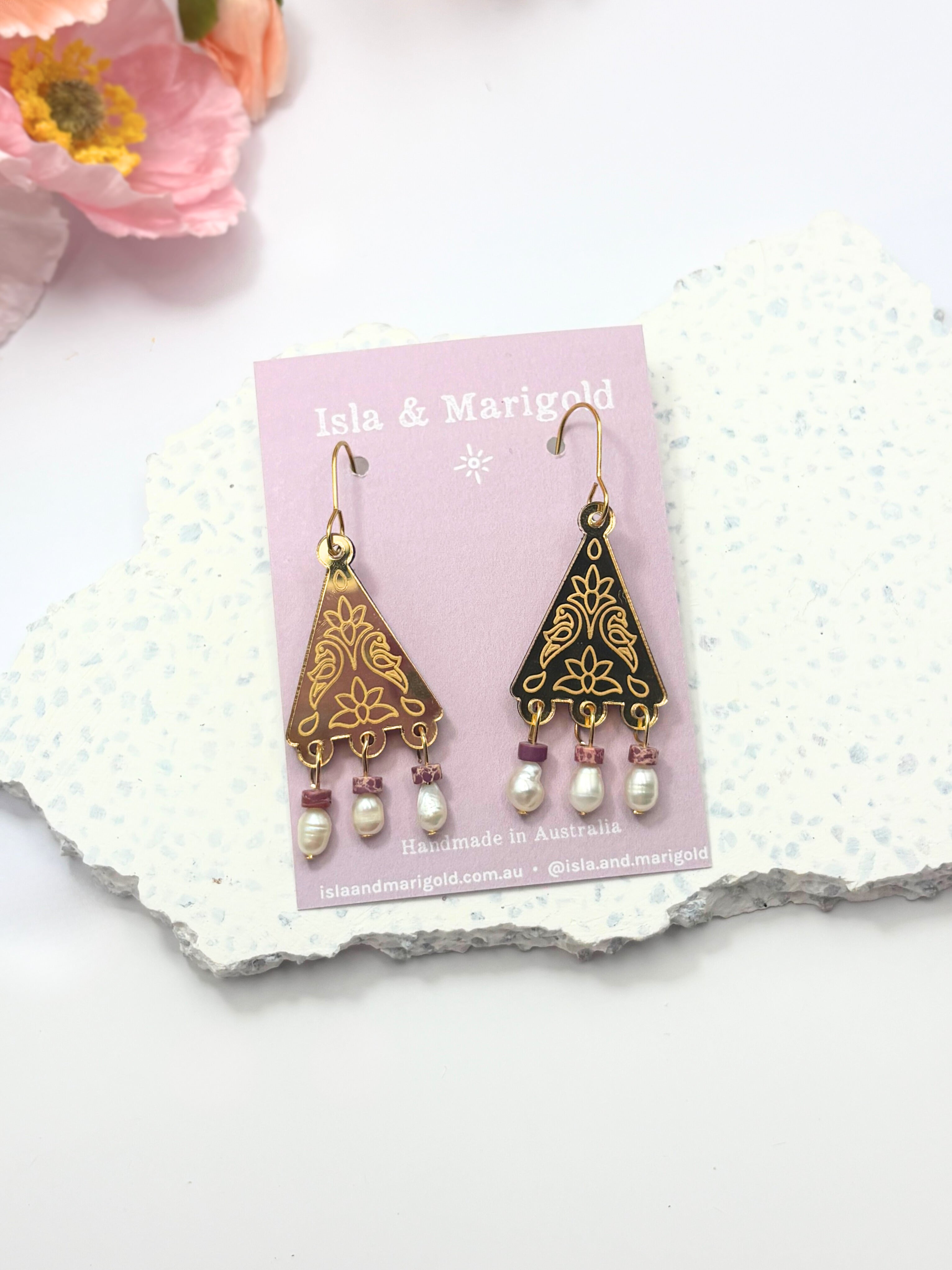 Kindred Spirit Dangles – Gold Mirror Acrylic Earrings | Burgundy & Pearl | Isla & Marigold
