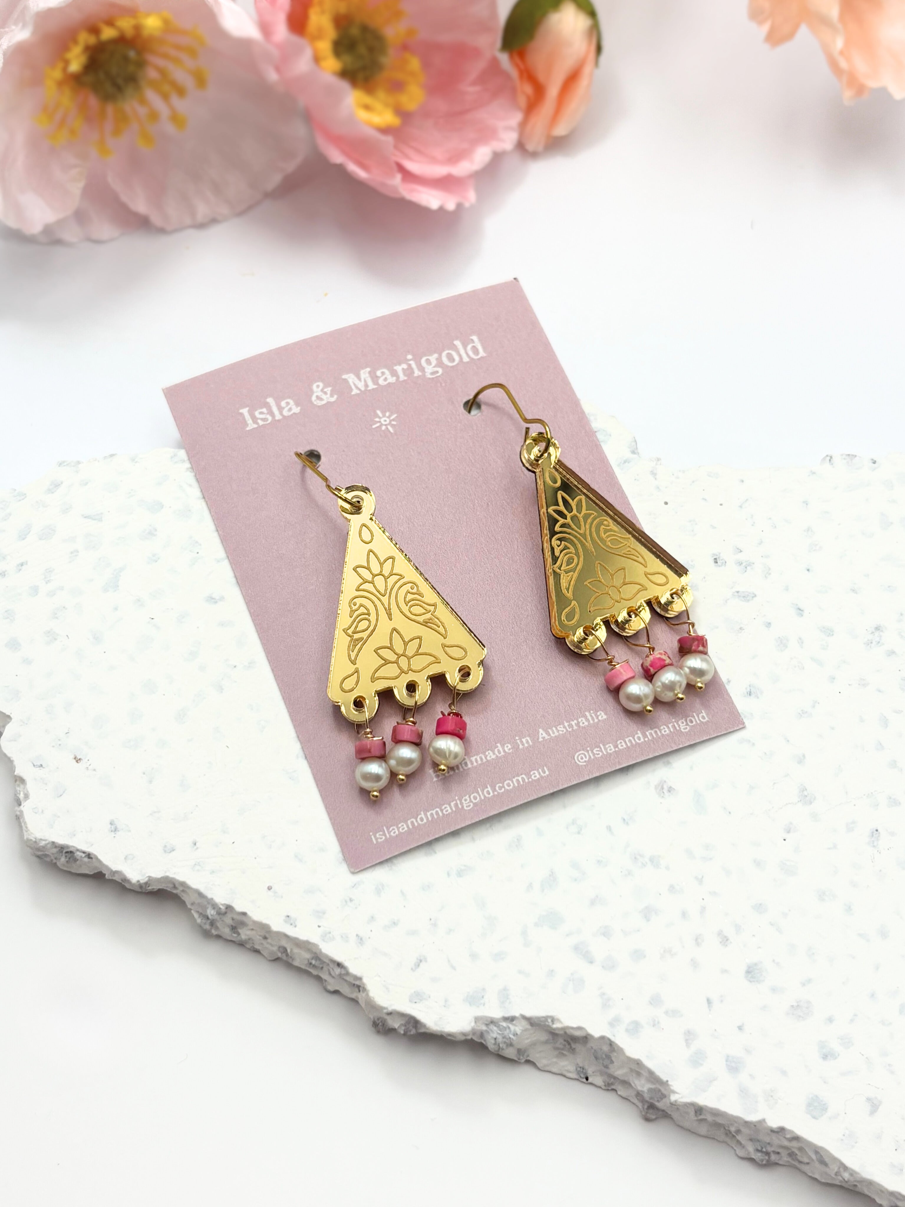 Kindred Spirit Dangles – Gold Mirror Acrylic Earrings | Pink & Pearl | Isla & Marigold