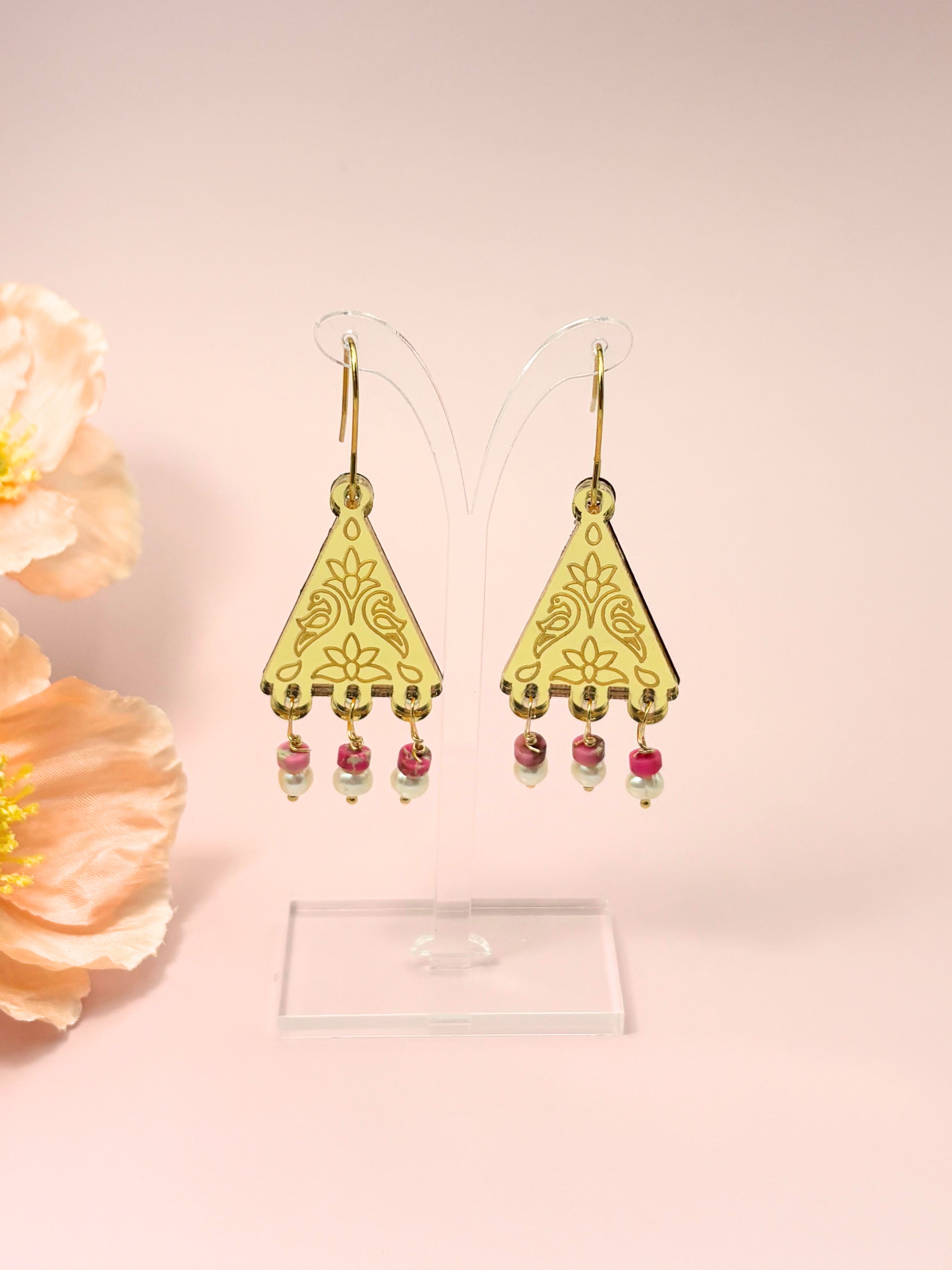 Kindred Spirit Dangles – Gold Mirror Acrylic Earrings | Pink & Pearl | Isla & Marigold