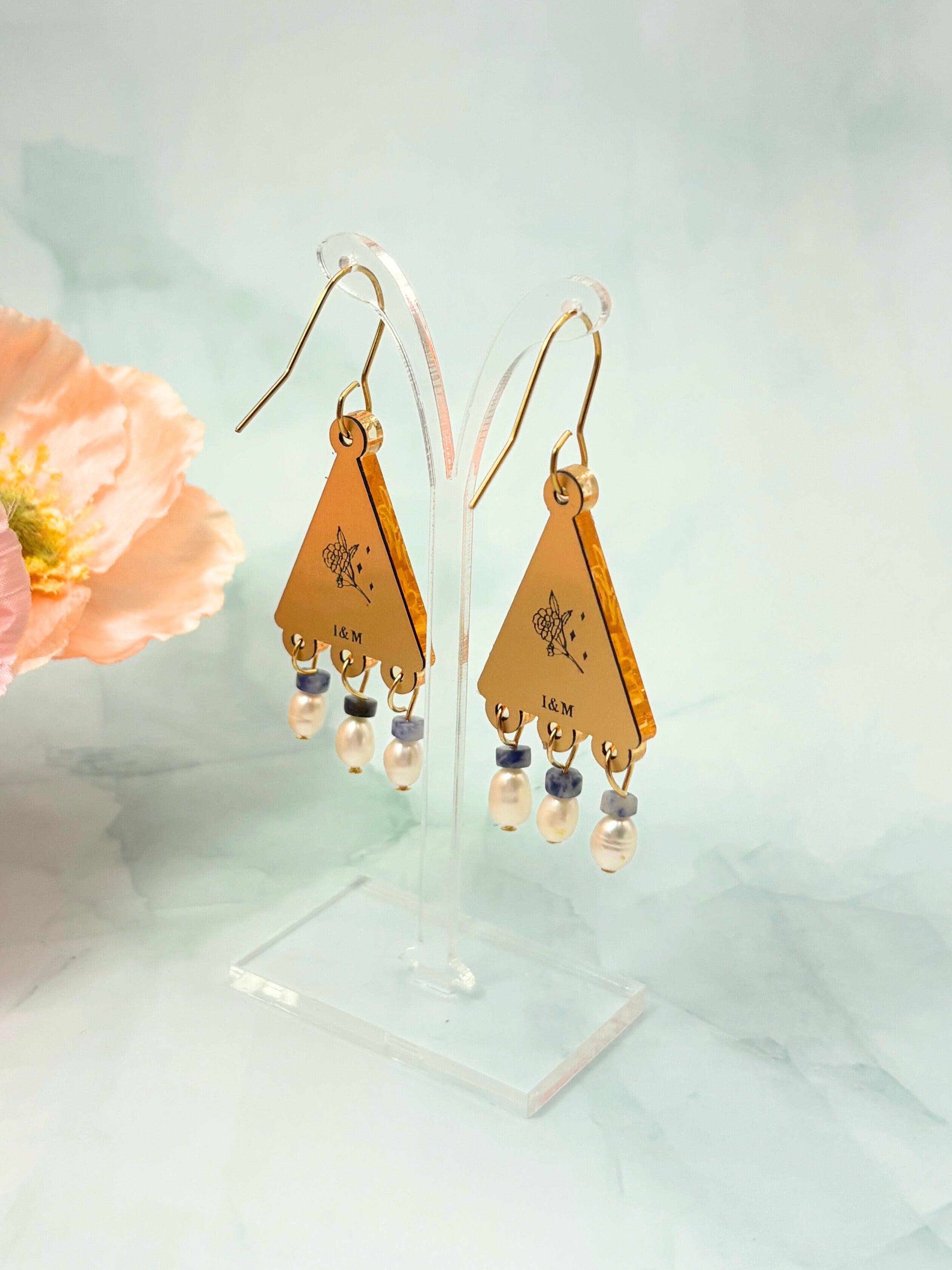 Kindred Spirit Dangles – Gold Mirror Acrylic Earrings | Sodalite & Pearl | Isla & Marigold