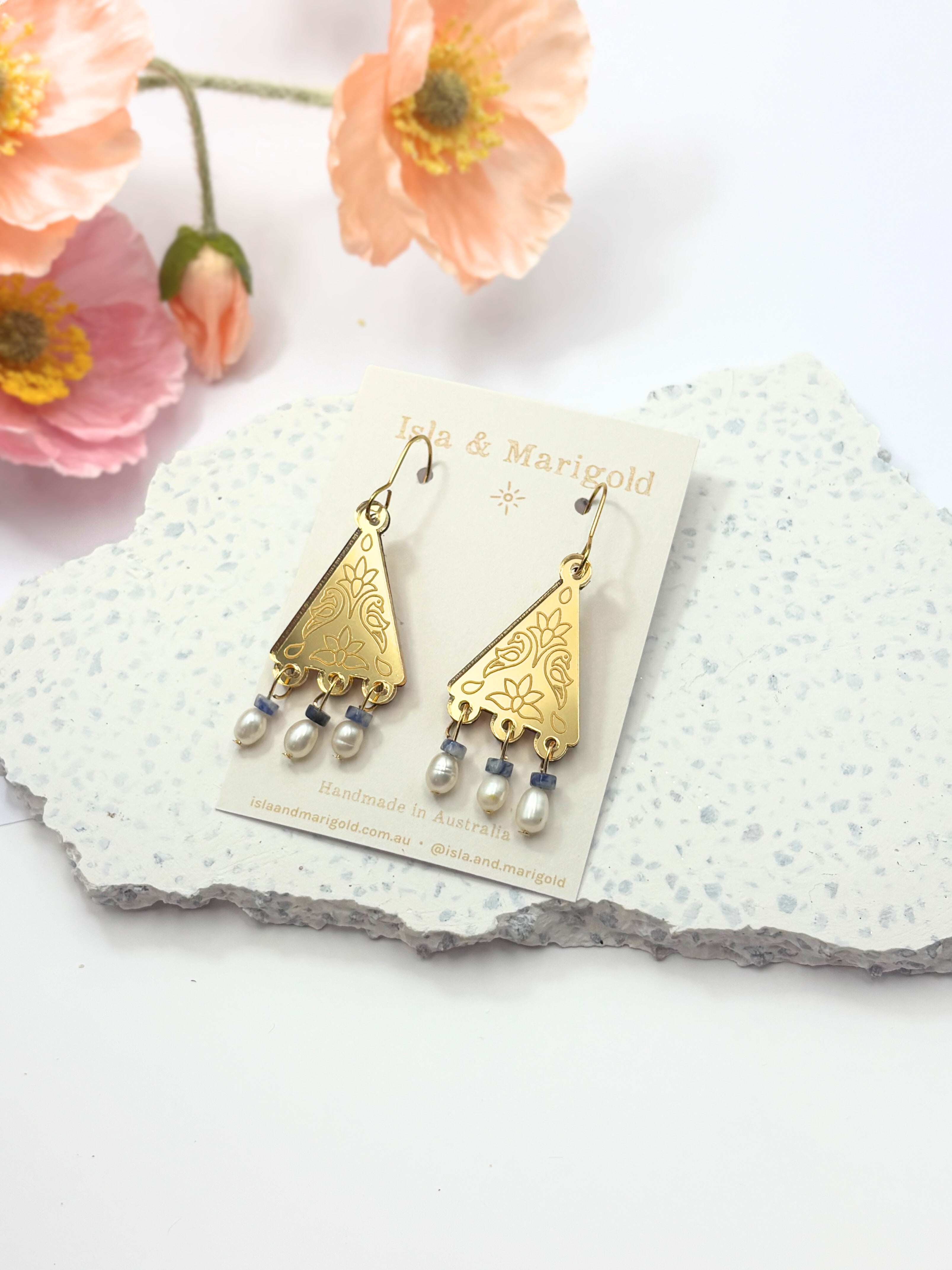 Kindred Spirit Dangles – Gold Mirror Acrylic Earrings | Sodalite & Pearl | Isla & Marigold