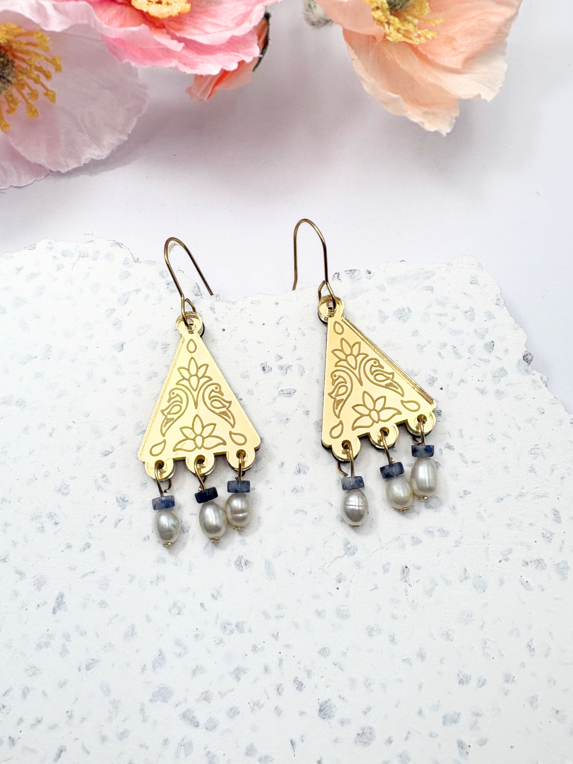 Kindred Spirit Dangles – Gold Mirror Acrylic Earrings | Sodalite & Pearl | Isla & Marigold