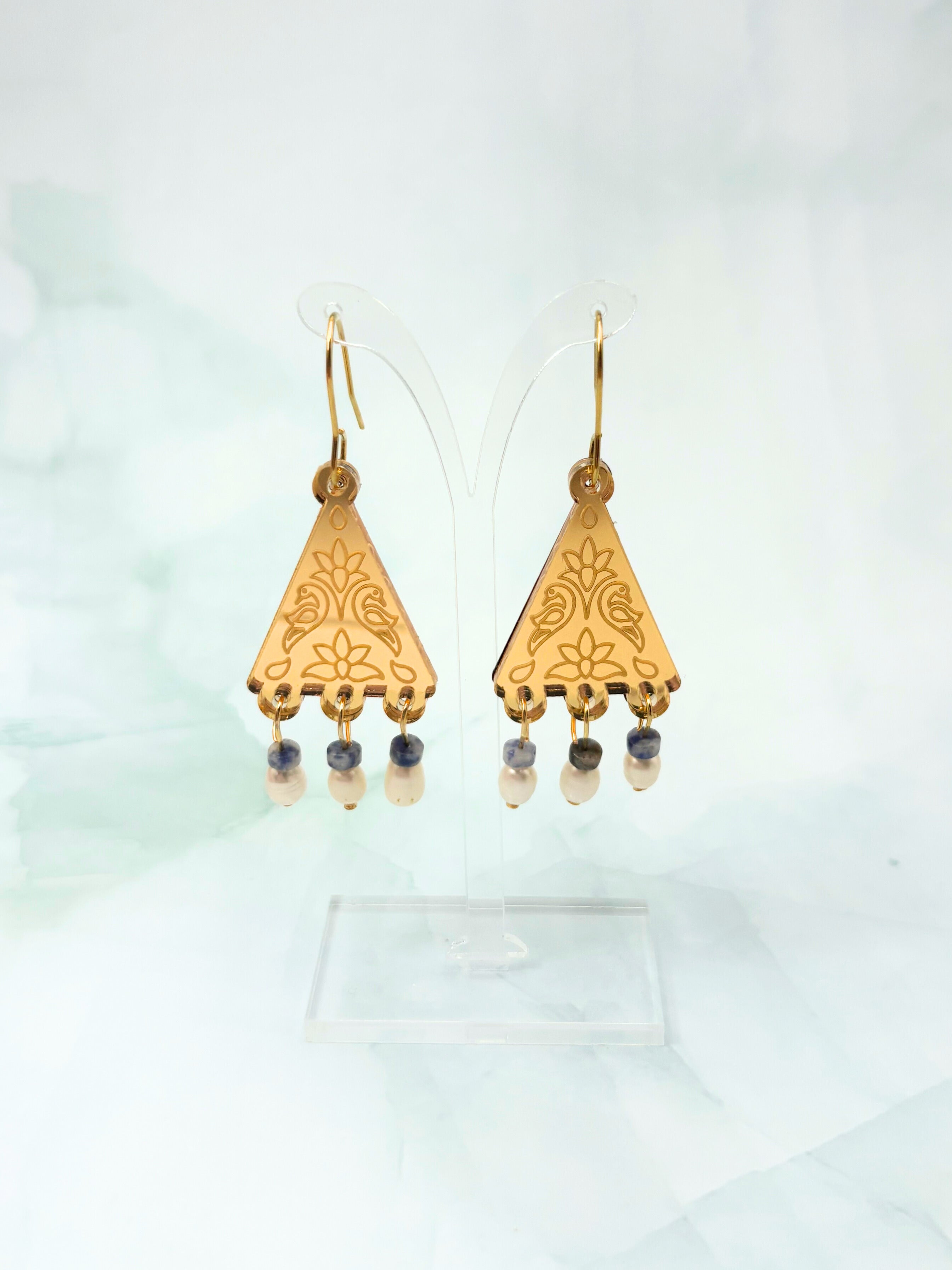 Kindred Spirit Dangles – Gold Mirror Acrylic Earrings | Sodalite & Pearl | Isla & Marigold