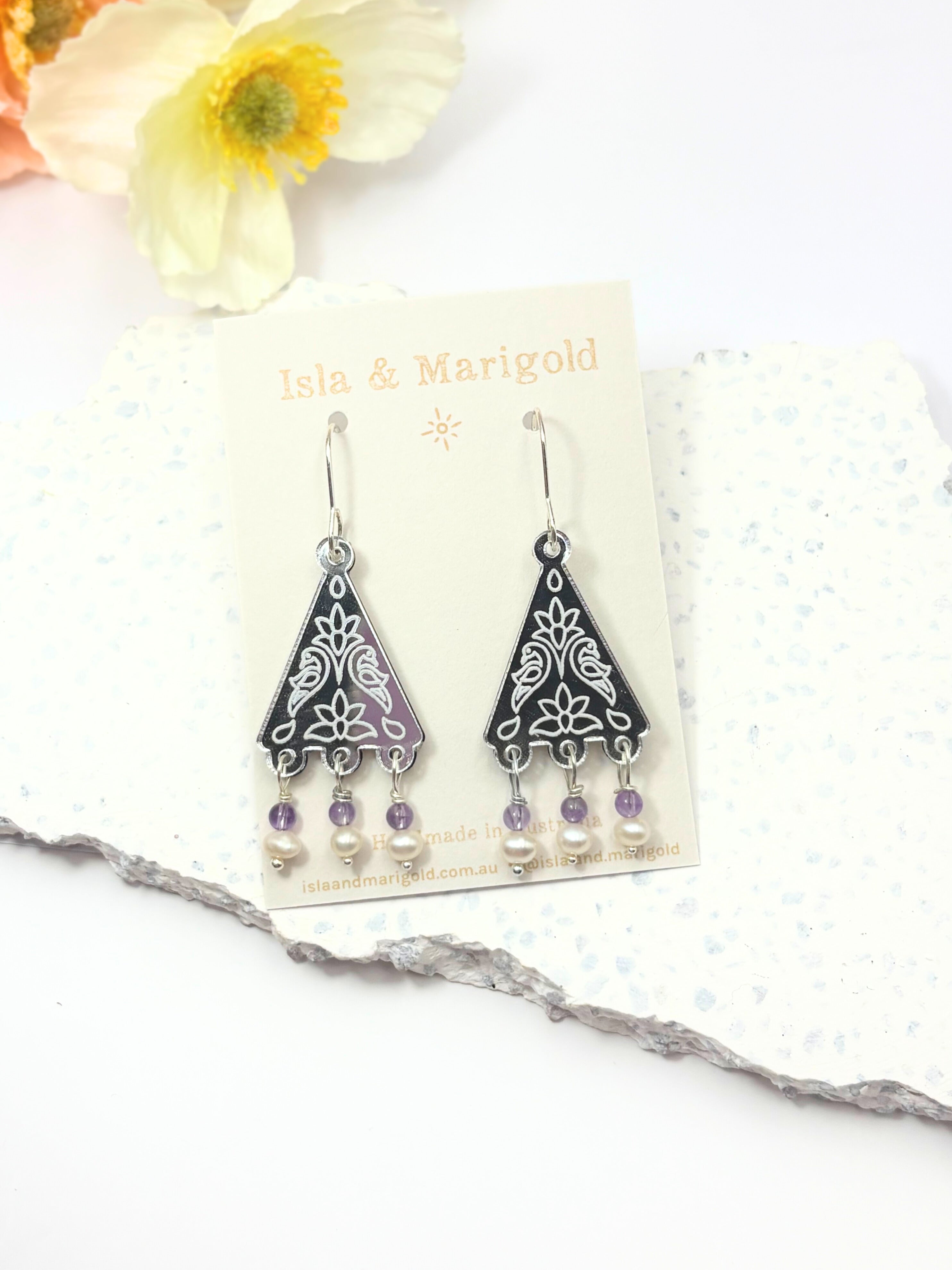 Kindred Spirit Dangles – Silver Mirror Acrylic Earrings | Amethyst & Pearl | Isla & Marigold