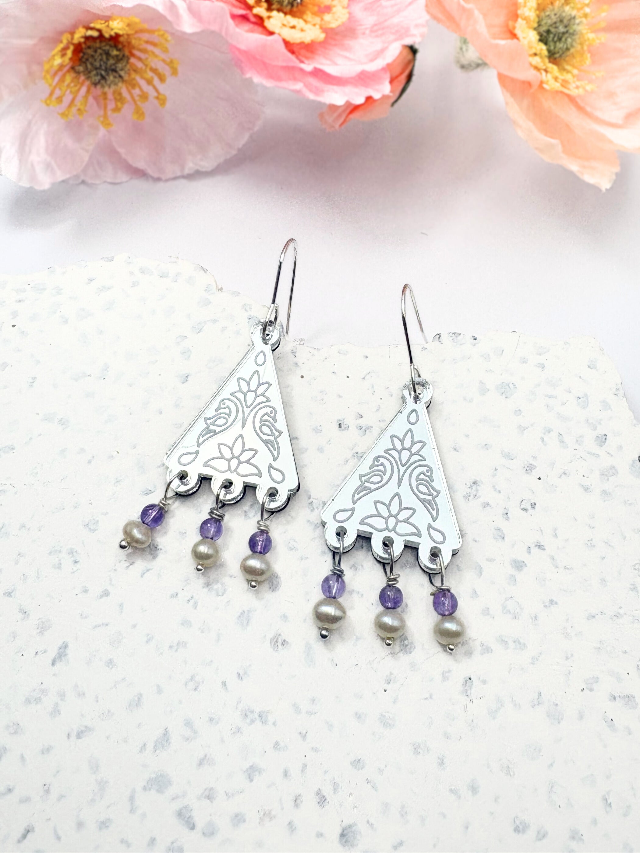Kindred Spirit Dangles – Silver Mirror Acrylic Earrings | Amethyst & Pearl | Isla & Marigold