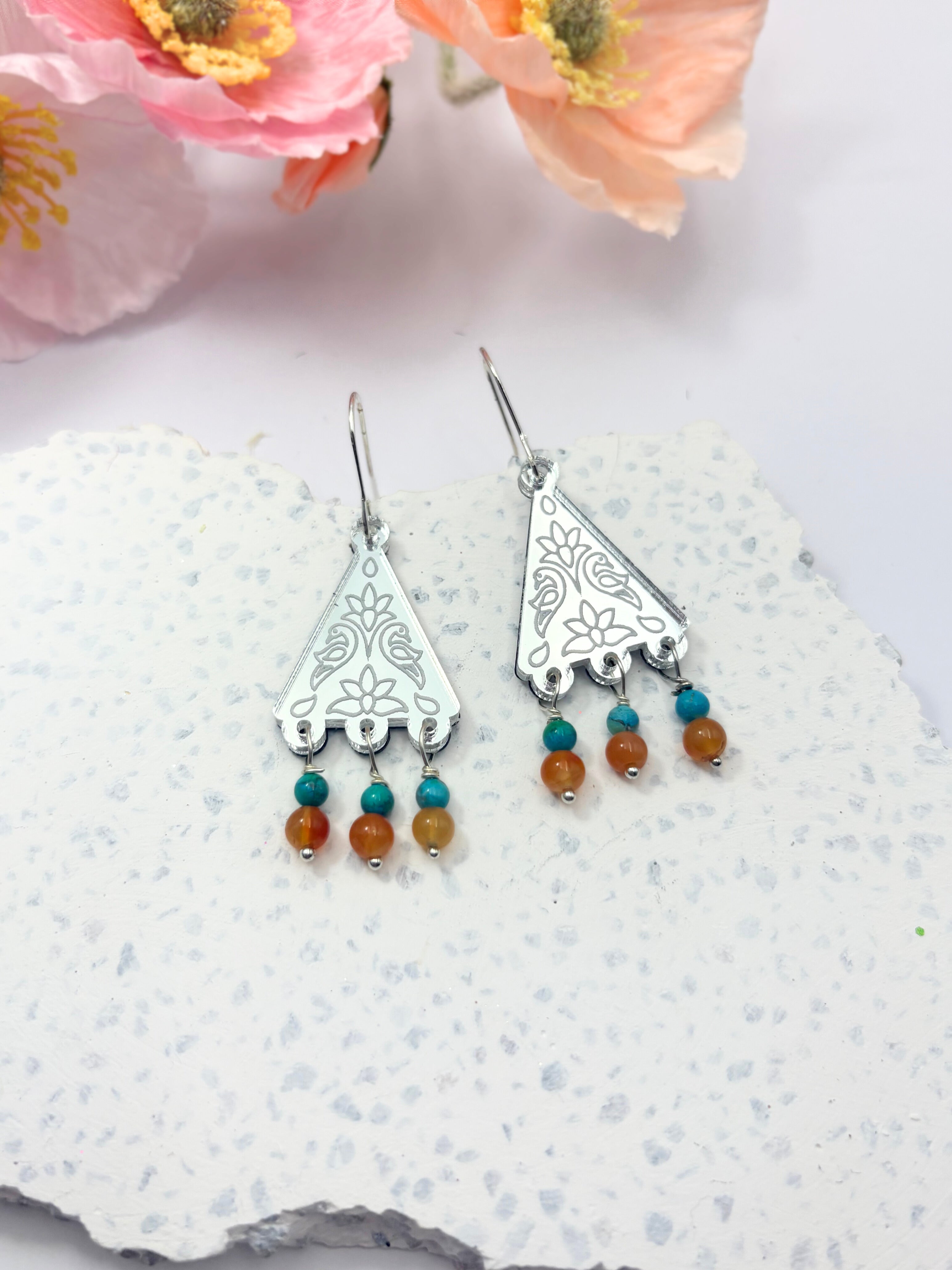 Kindred Spirit Dangles – Silver Mirror Acrylic Earrings | Turquoise & Carnelian | Isla & Marigold