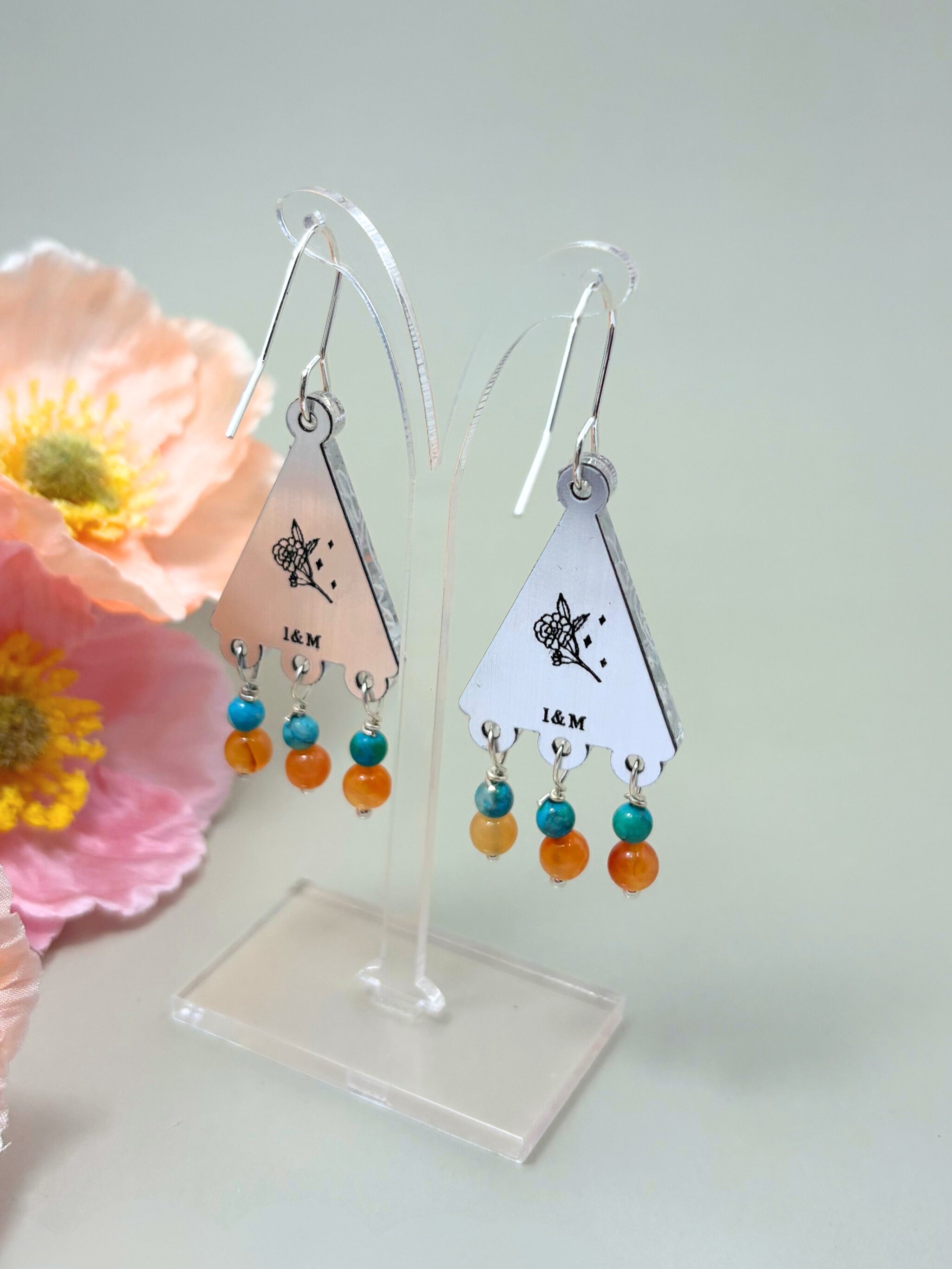 Kindred Spirit Dangles – Silver Mirror Acrylic Earrings | Turquoise & Carnelian | Isla & Marigold