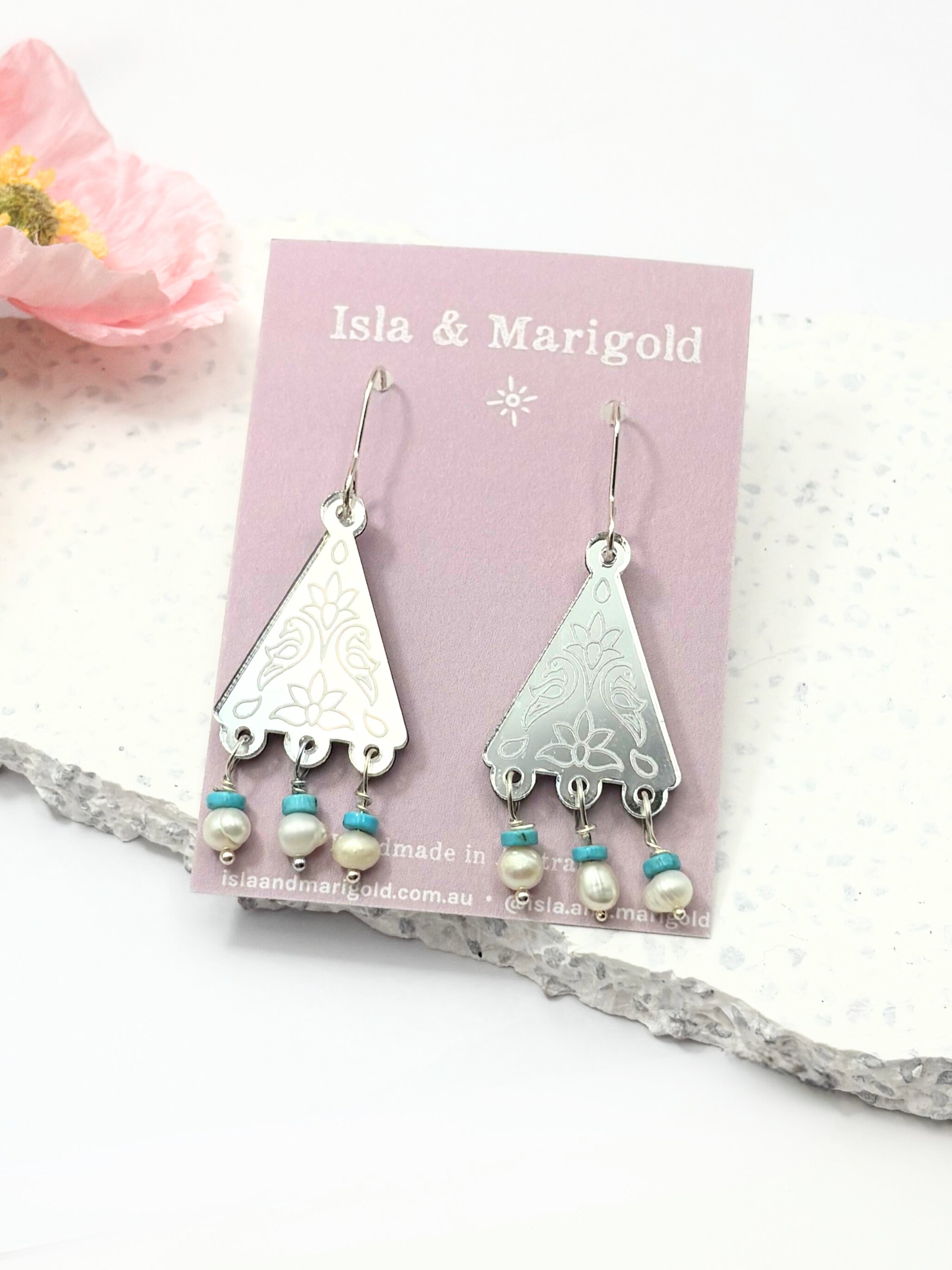 Kindred Spirit Dangles – Silver Mirror Acrylic Earrings | Turquoise & Pearl | Isla & Marigold