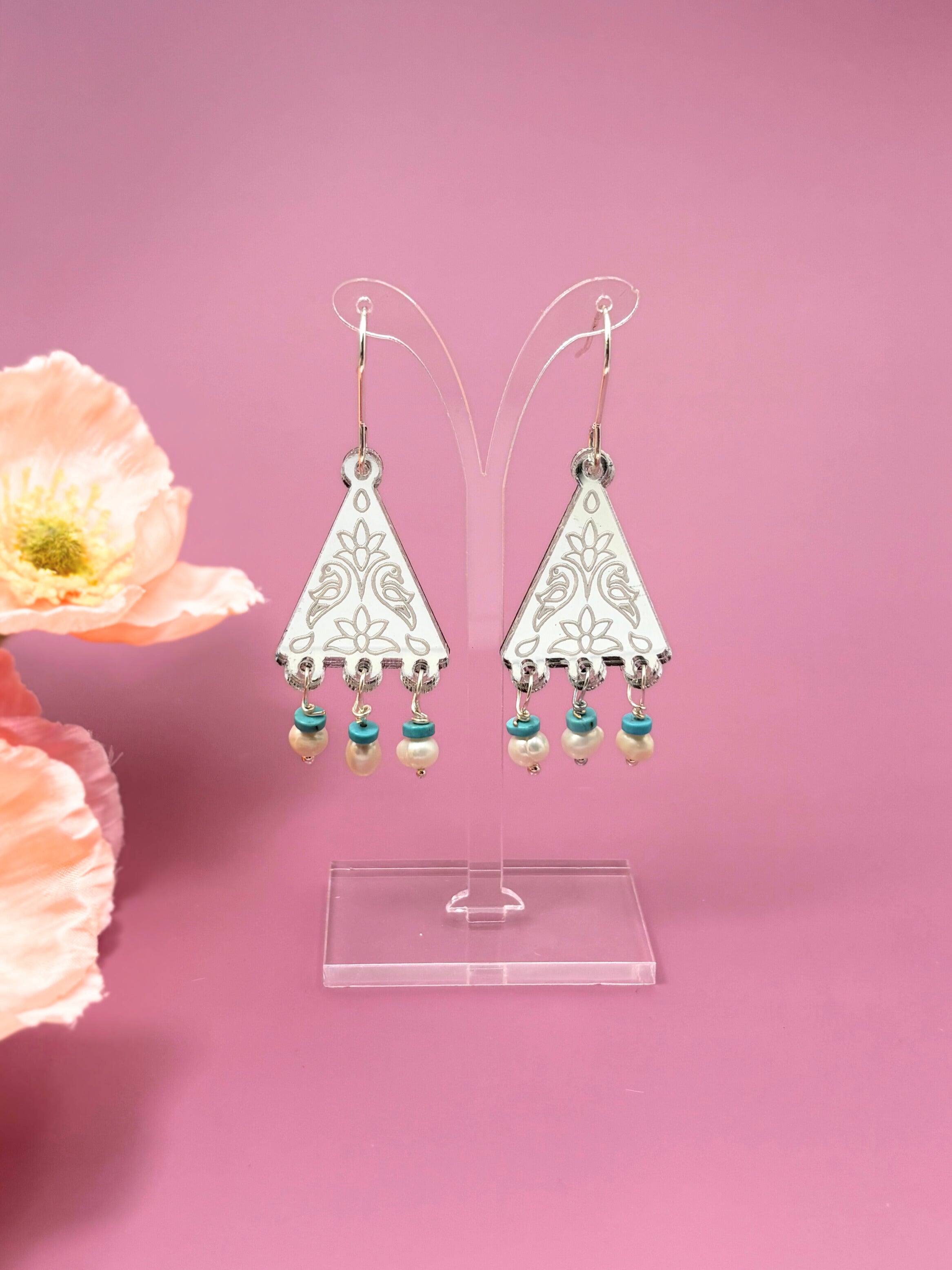 Kindred Spirit Dangles – Silver Mirror Acrylic Earrings | Turquoise & Pearl | Isla & Marigold